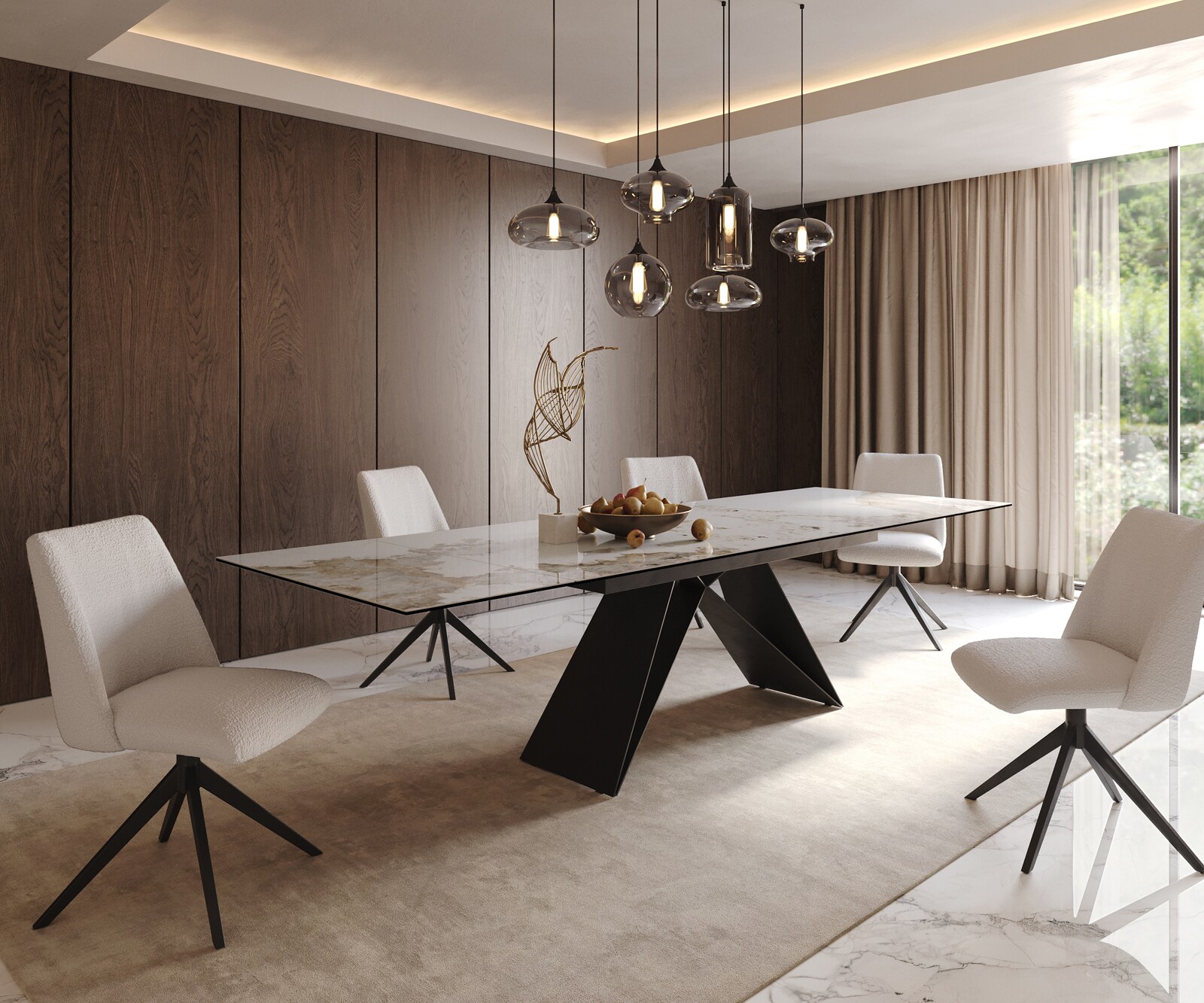 Stół do jadalni Edge 200-300x100 cm ceramika Minas Melange biało-beżowy rama V metal czarna rozkładany 8