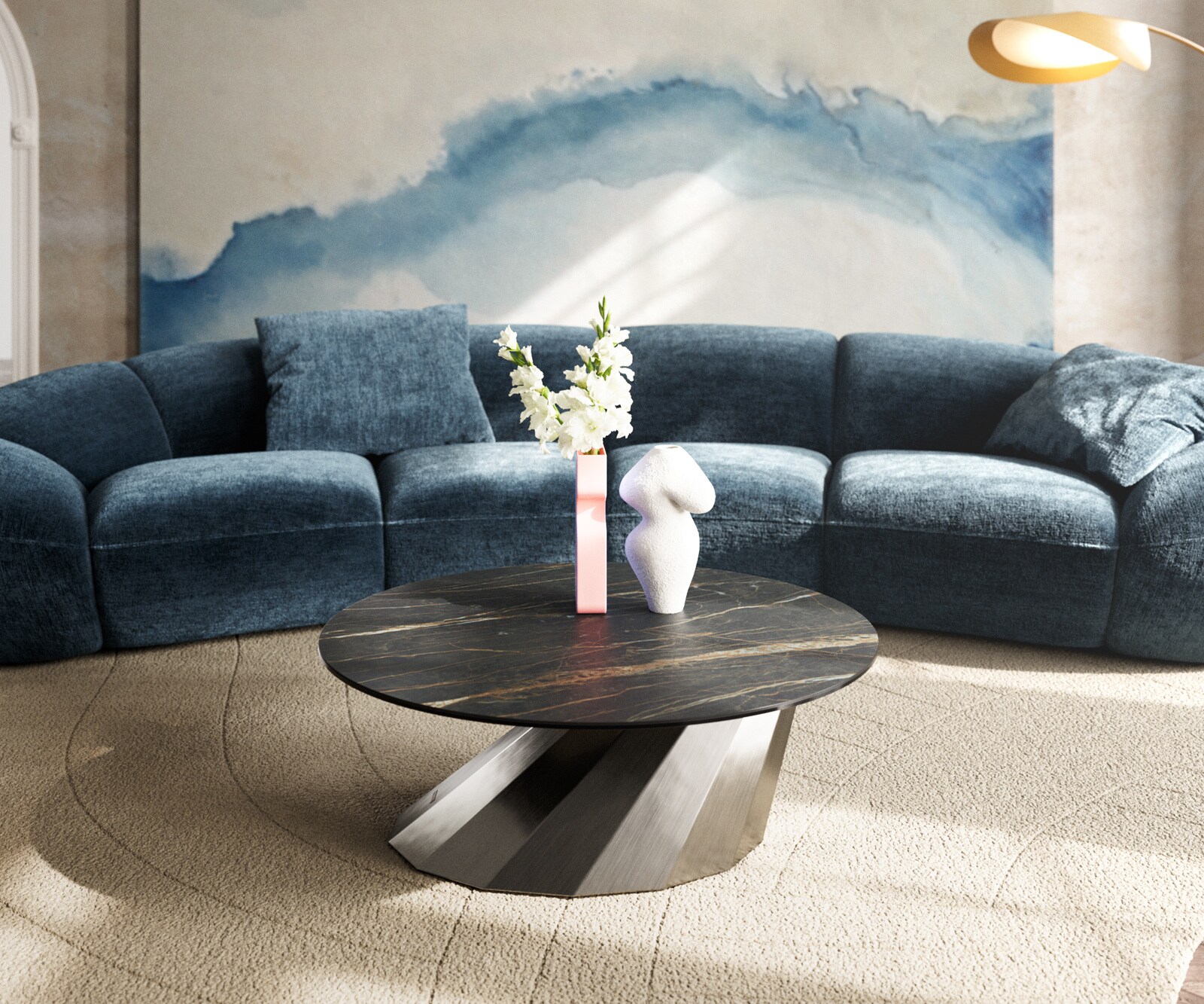 Stolik kawowy Edge okrągły 90x90 cm ceramika Laminam® Noir Desir brązowa podstawa Parabi stal nierdzewna szczotkowana 2