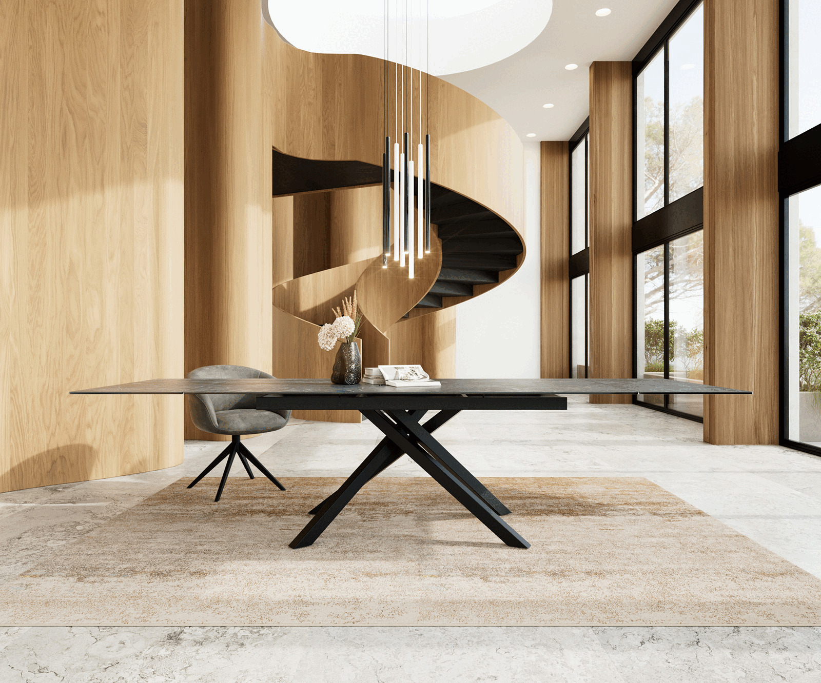 Stół do jadalni Edge 200-300x100 cm ceramika Laminam® Nero Greco antracyt rama Cross czarna rozkładany 1