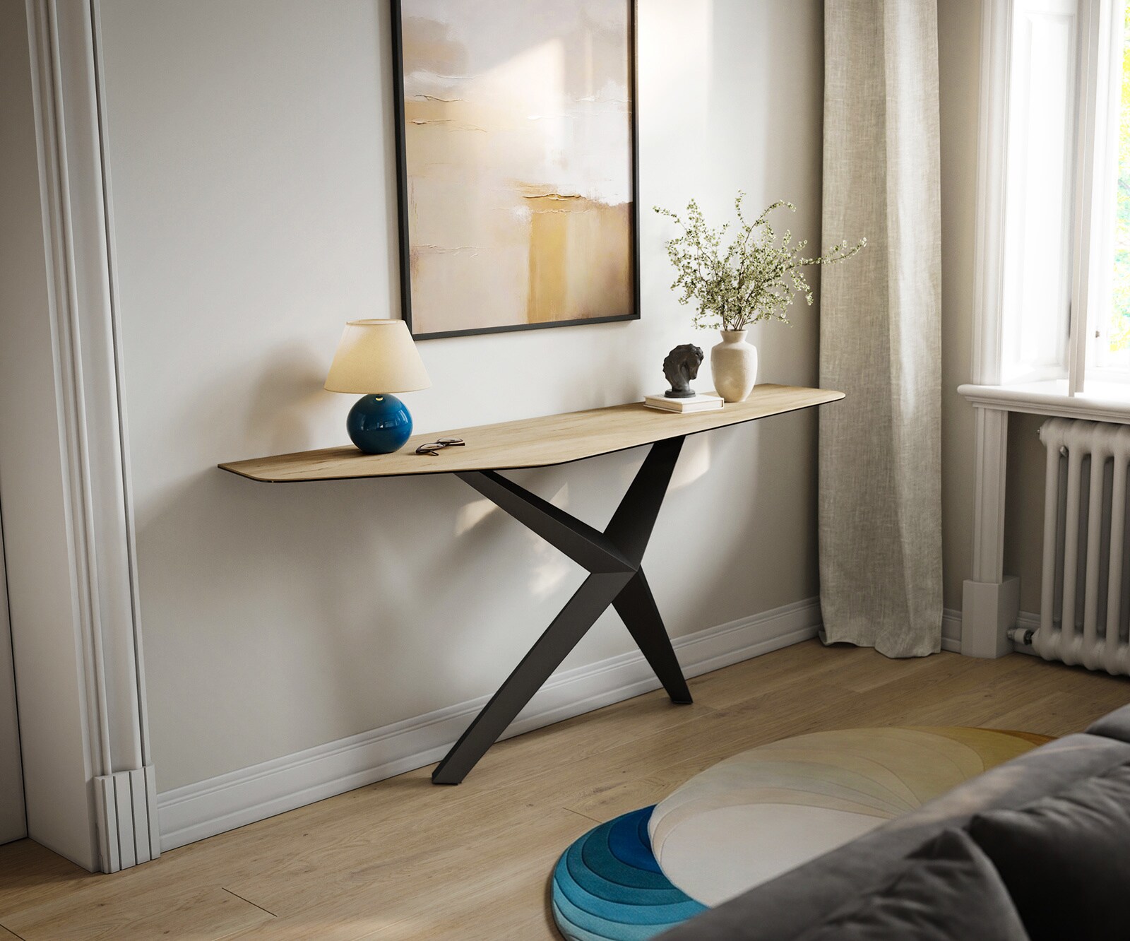 Konsola Edge wielokątna 180x50 cm ceramika Laminam® Sabbia w kolorze dębu podstawa Zentharo metal czarny 4