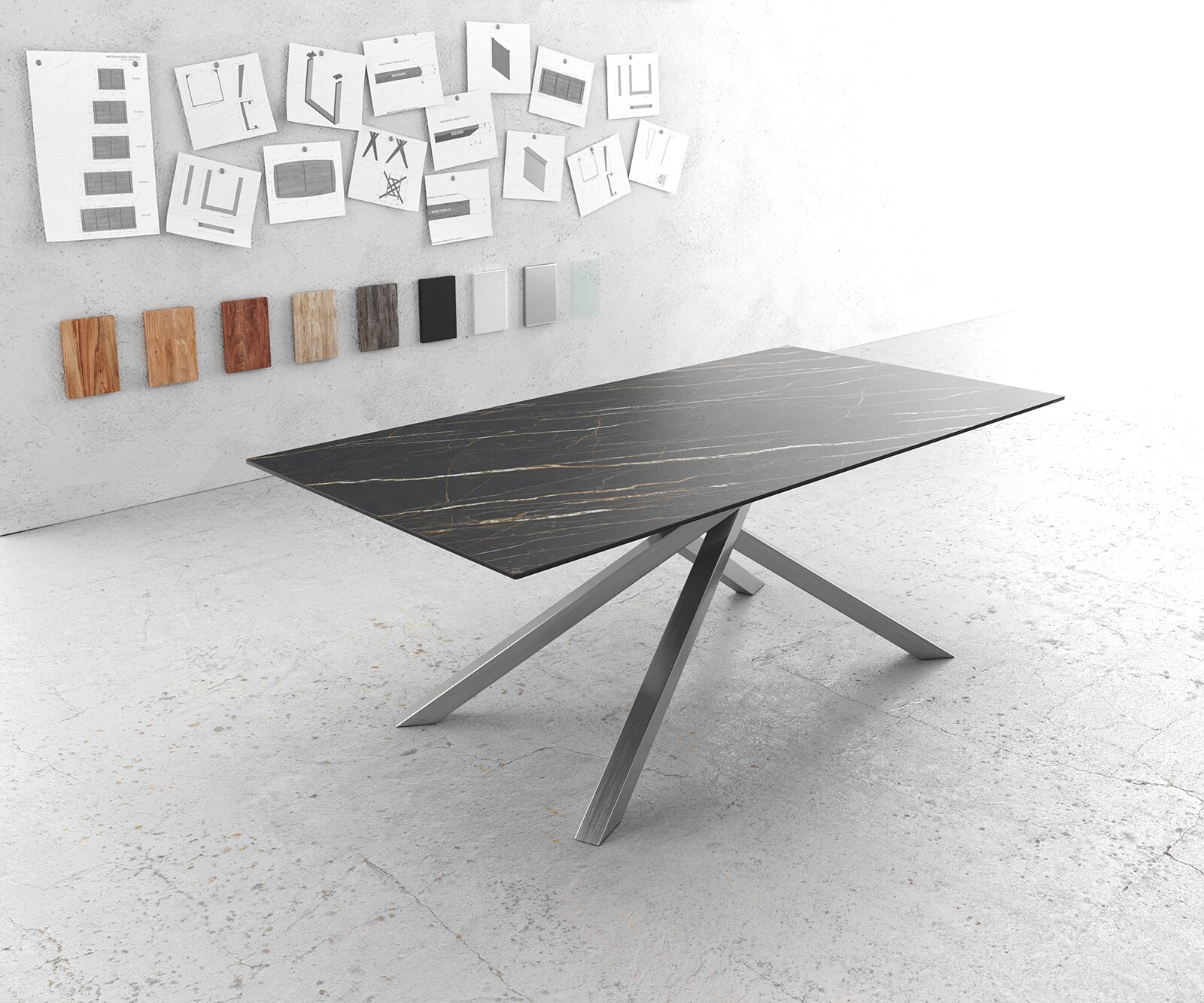 Stół do jadalni Edge 200x100 cm ceramika Laminam® Noir Desir brązowy rama Cross stal nierdzewna 1