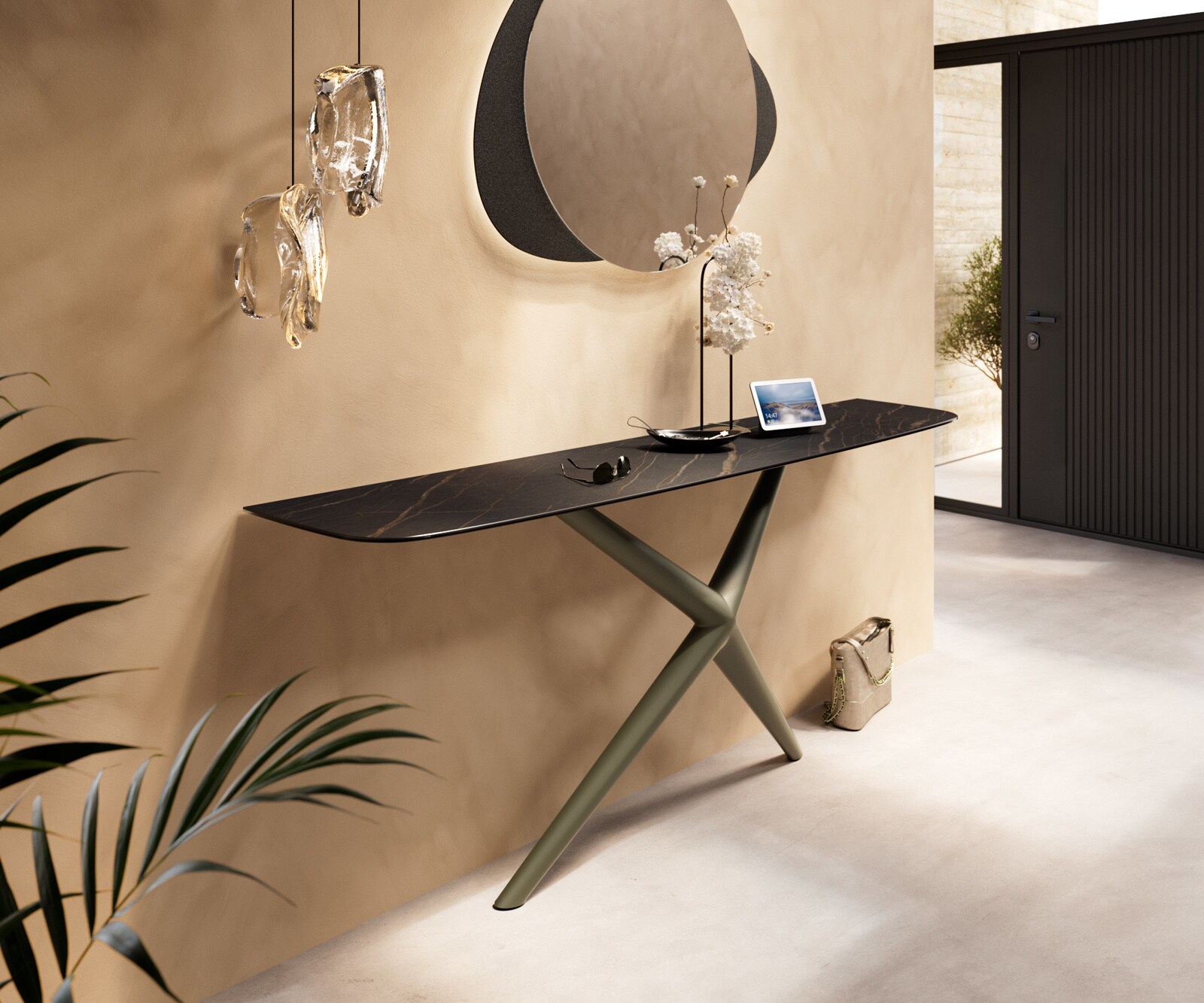 Konsola Edge w kształcie beczki 180x40 cm Laminam® Noir Desir brązowa rama Estelo metal w kolorze tytanu 4
