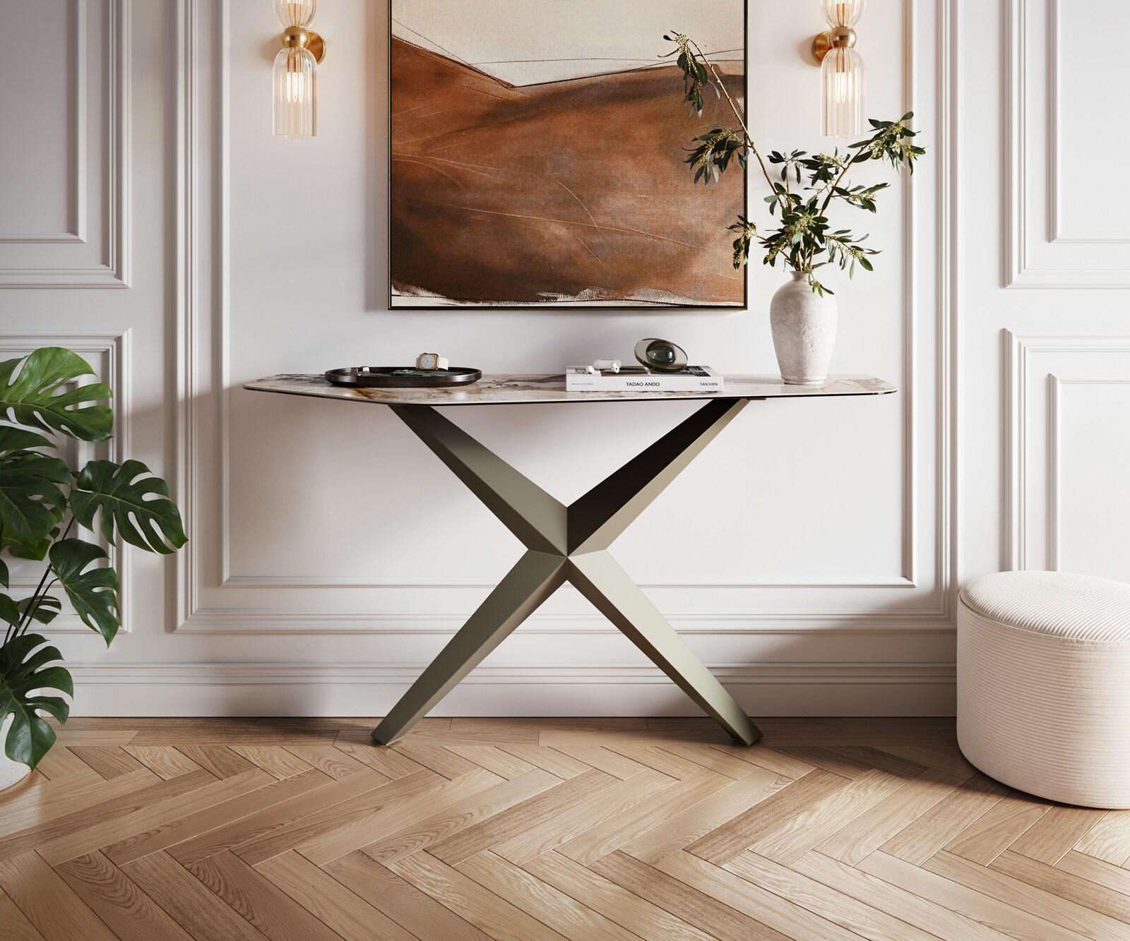 Konsola Edge wielokątna 140x50 cm ceramika Patagonia podstawa Zentharo metal w kolorze tytanu 1