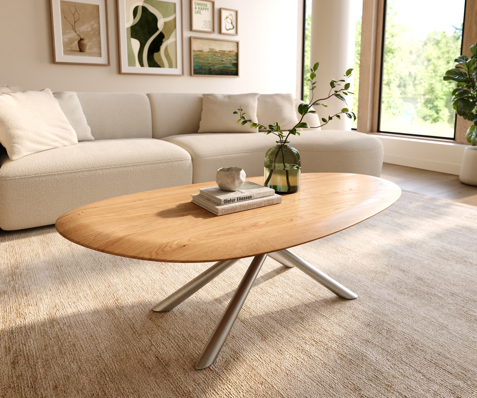Stolik kawowy Edge owalny 140x75 cm dąb naturalny zaokrąglona krawędź Sarity stal nierdzewna szczotkowana