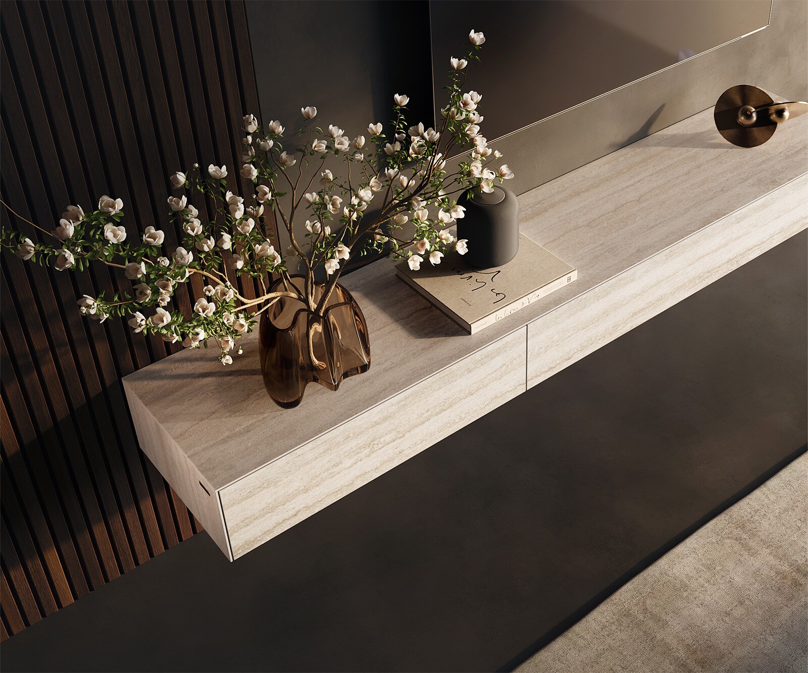 Szafka RTV Cuor 200 cm ceramika Laminam® Travertino Bianco kremowo-biały 1 klapa 1 szuflada podwieszana 3