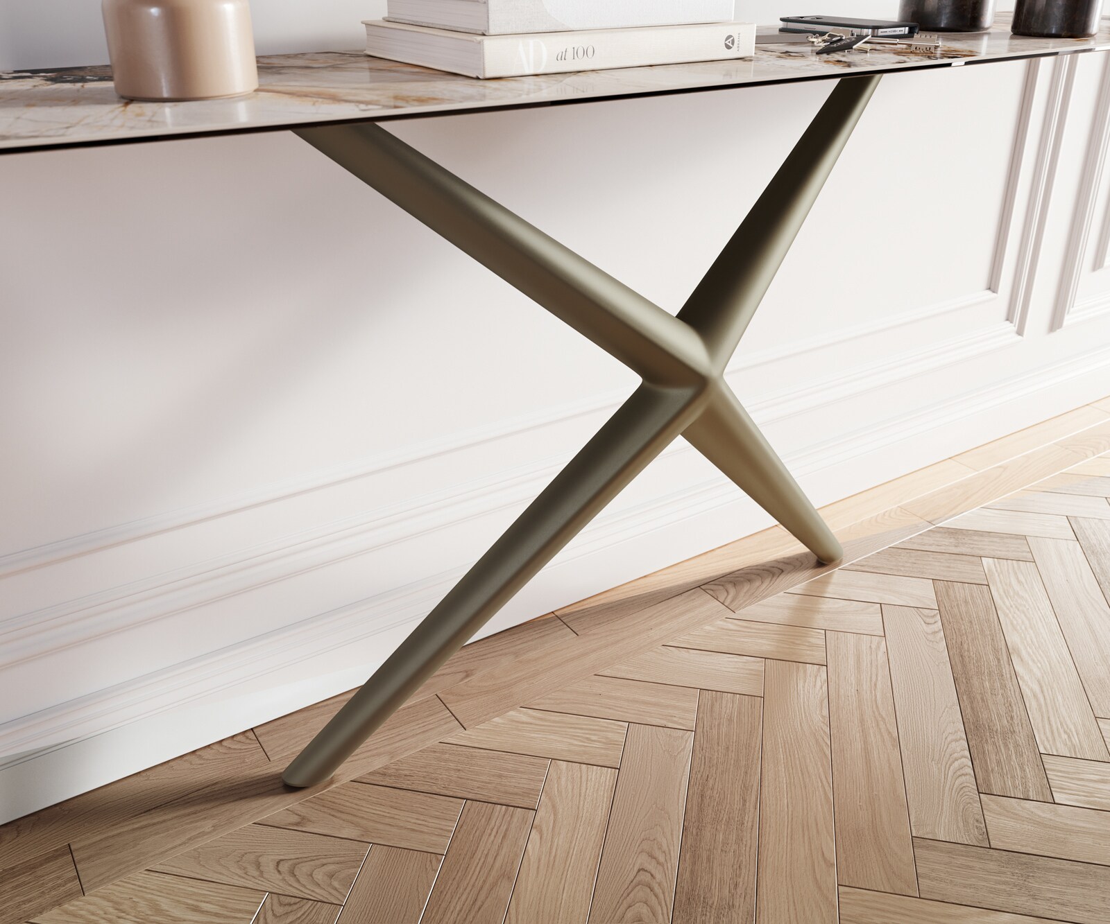 Konsola Edge w kształcie beczki 180x40 cm Patagonia rama Estelo metal w kolorze tytanu 6