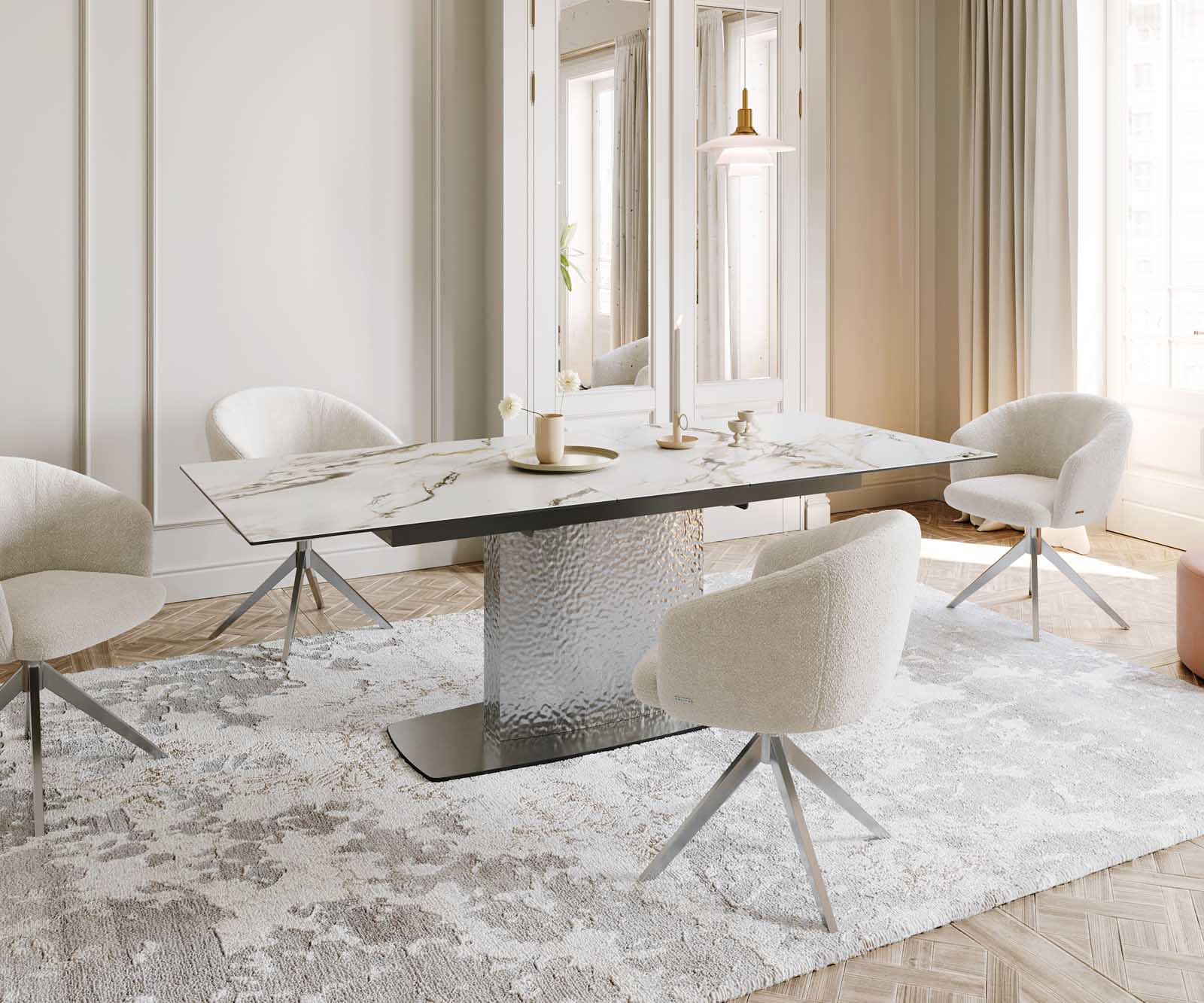 Stół do jadalni Edge 180-220x100 cm ceramika Calacatta Luxe biało-złoto-szary rama Wave stal nierdzewna rozkładany 8
