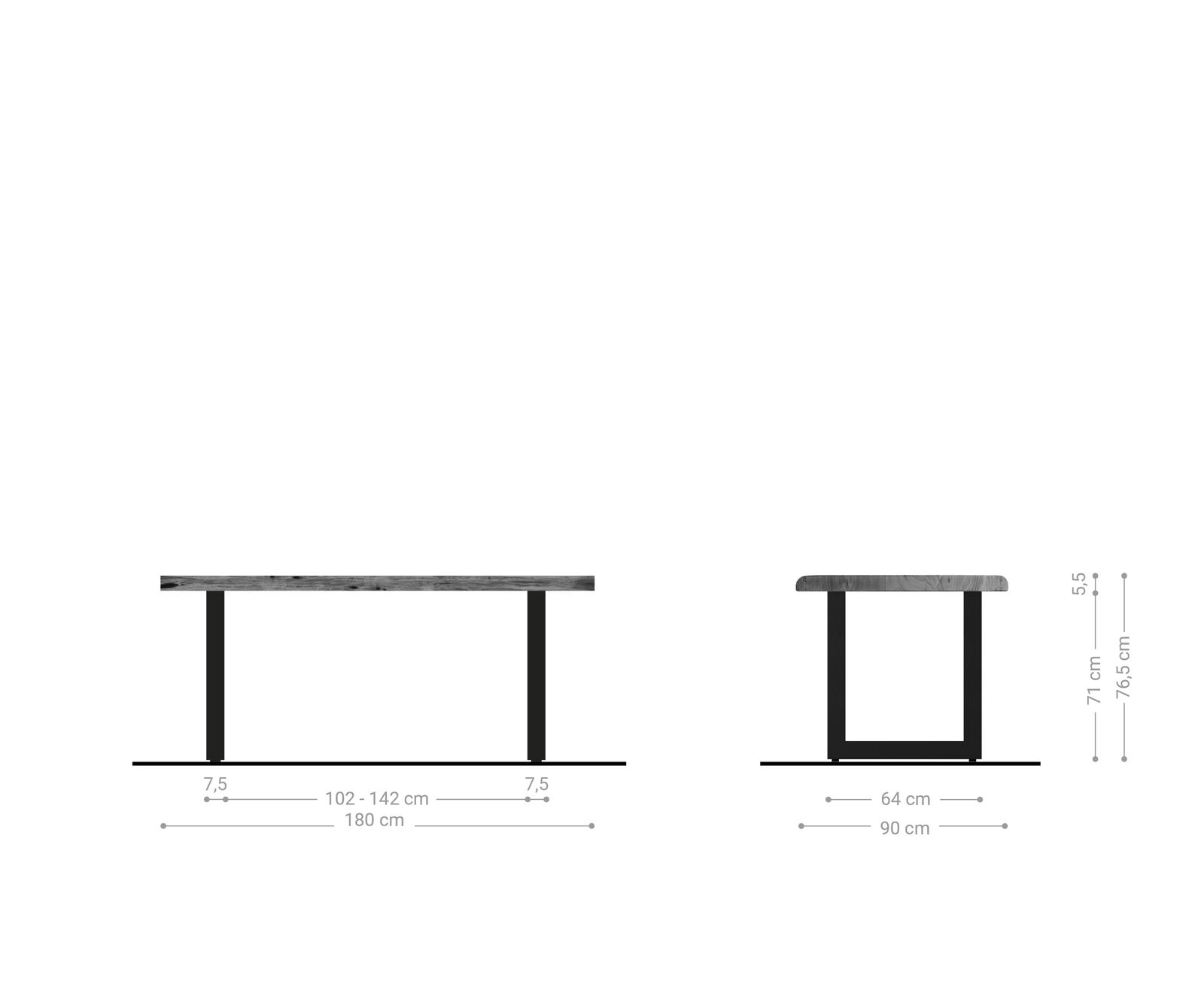 Stół do jadalni Edge 180x90cm XL akacja naturalna stal nierdzewna szeroka rama live-edge 8
