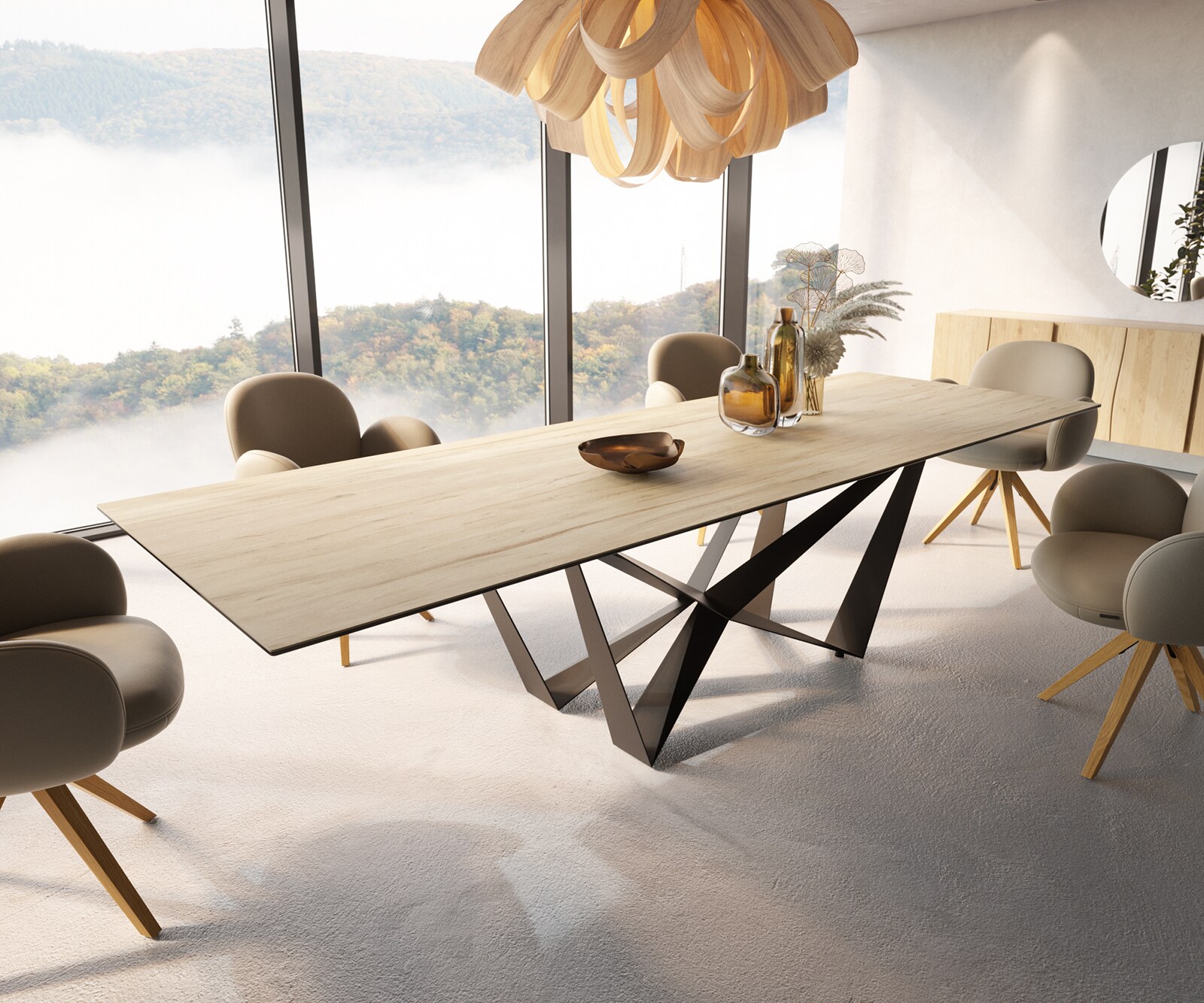 Stół do jadalni Edge 300x100cm ceramika Laminam® Sabbia kolor dębu rama Spider metal czarna