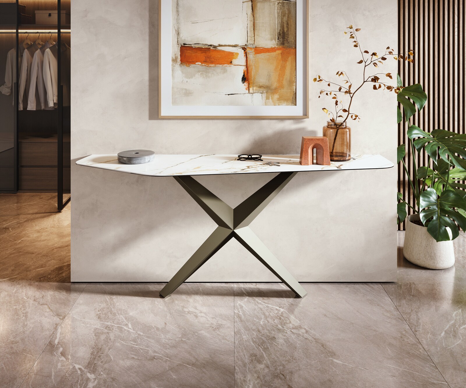 Konsola Edge wielokątna 180x50 cm ceramika Calacatta Luxe biało-złoto-szara podstawa Zentharo metal w kolorze tytanu 1