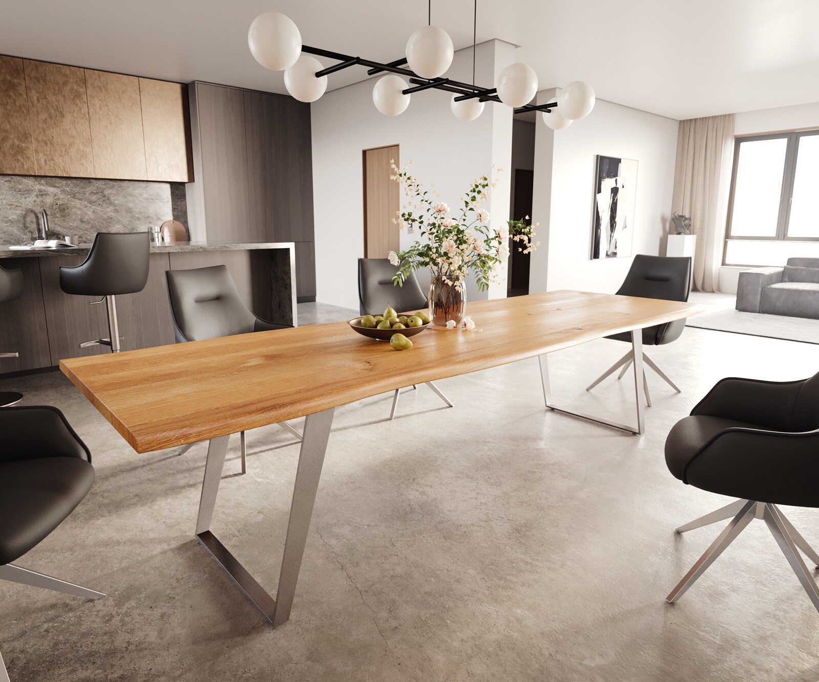 Stół do jadalni Edge 300x100x4cm dąb naturalny stal nierdzewna pochylona rama live-edge 1