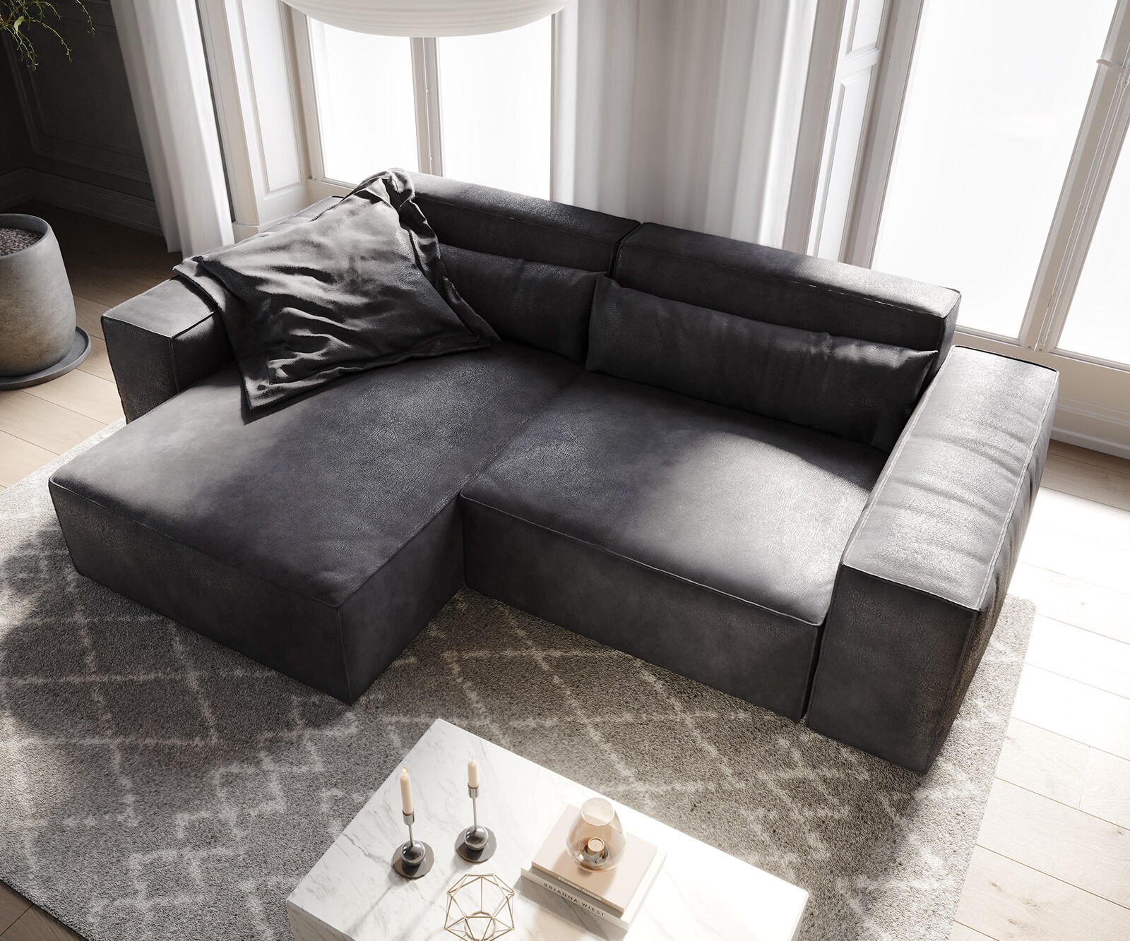 Sofa narożna Sirpio 230x155 cm skóra ekologiczna antracyt vintage szezlong z możliwością zmiennego montażu 3