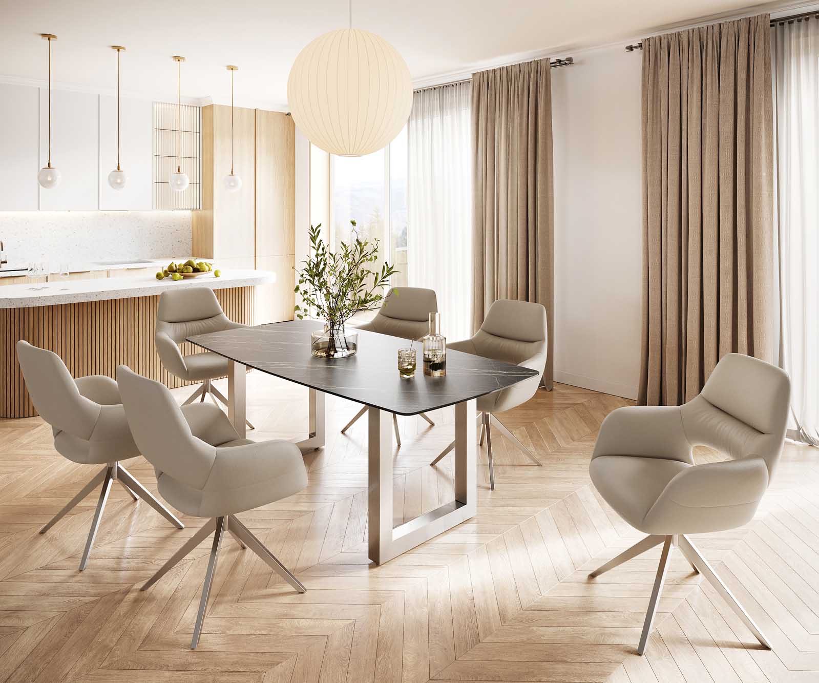 Stół do jadalni Edge kształt beczki 200x100cm ceramika Laminam® Noir Desir brązowy stal nierdzewna szeroka rama 5