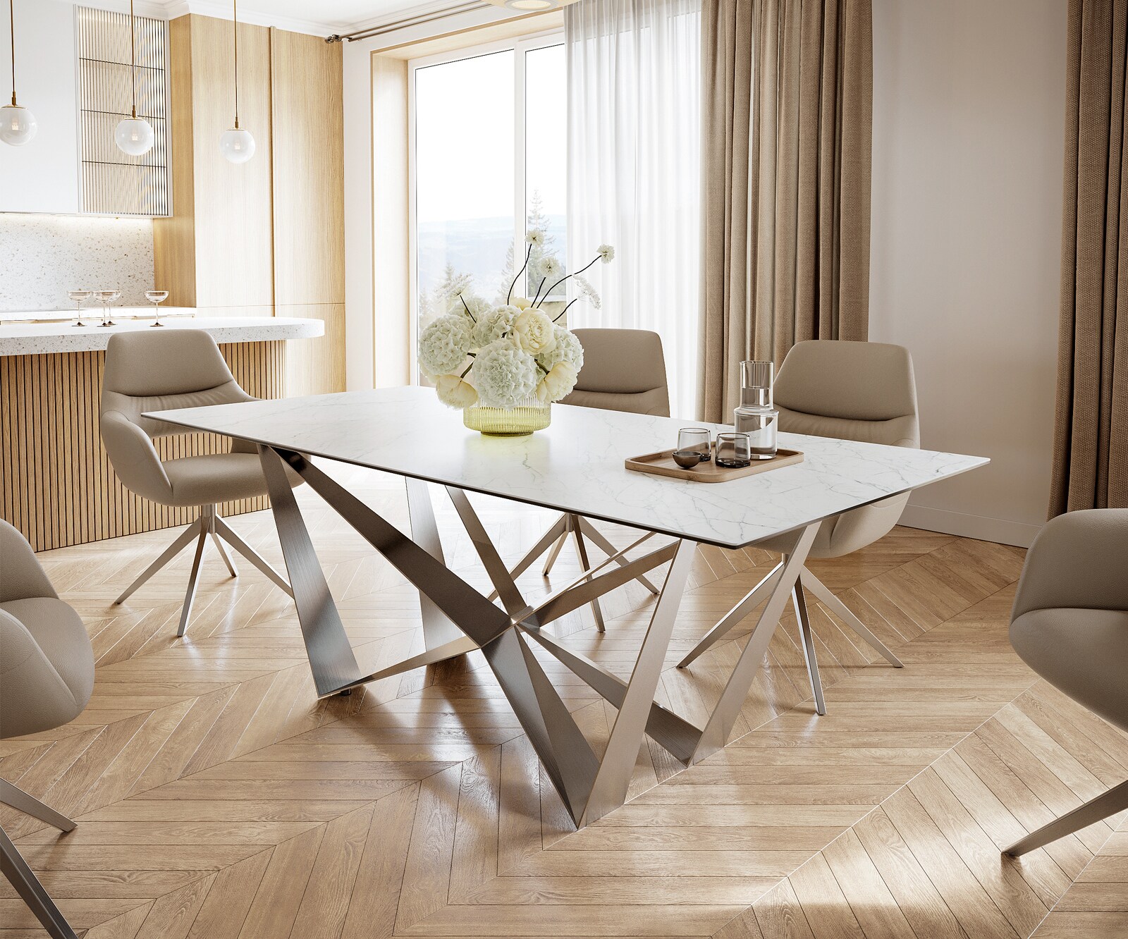 Stół do jadalni Edge 200x100 cm ceramika Laminam® Statuarietto biała rama Spider stal nierdzewna