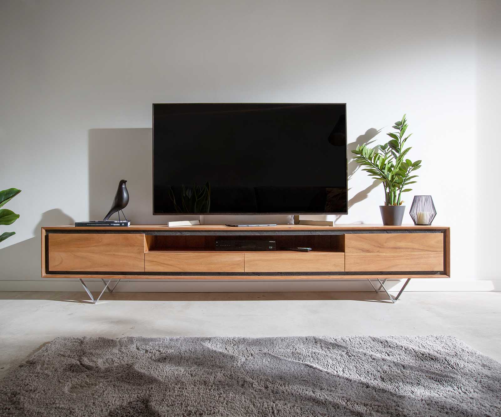 Szafka RTV Stonegrace 240 cm akacja naturalna 2 drzwi 1 przegroda 2 szuflady fornir kamienny nóżki V 1