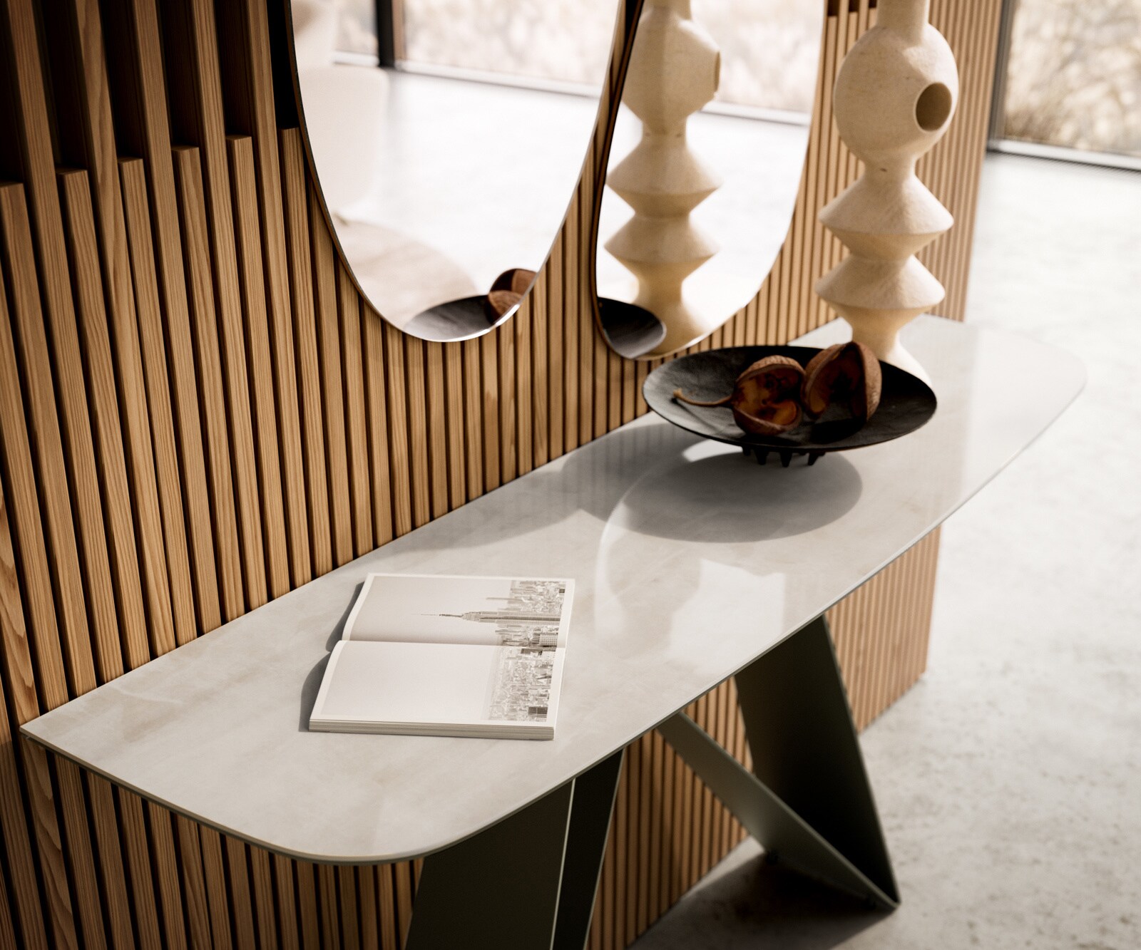 Konsola Edge w kształcie beczki 140x40 cm ceramika Onyx Champagne podstawa Velio metal w kolorze tytanu 6
