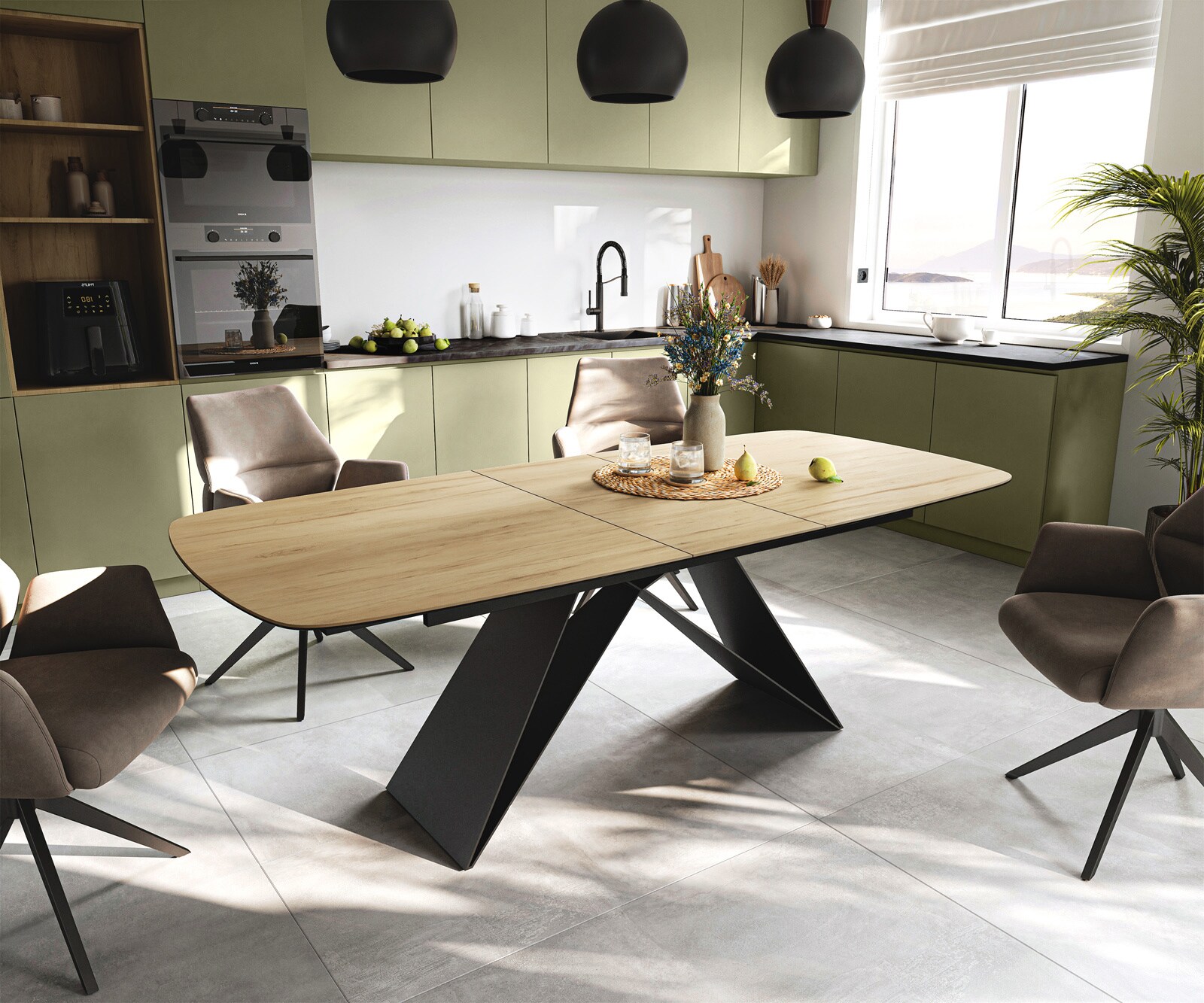 Stół do jadalni Edge w kształcie beczki 180-220x100 cm ceramika Laminam® Sabbia w kolorze dębu rama typu V metal czarny rozkładany 1