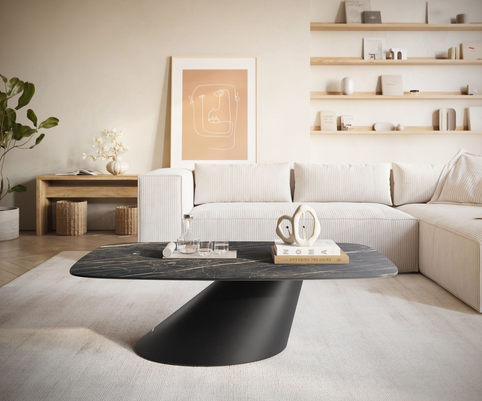 Stolik kawowy Edge w kształcie beczki 120x70 cm ceramika Laminam® Noir Desir brązowy Conis czarny metal 2