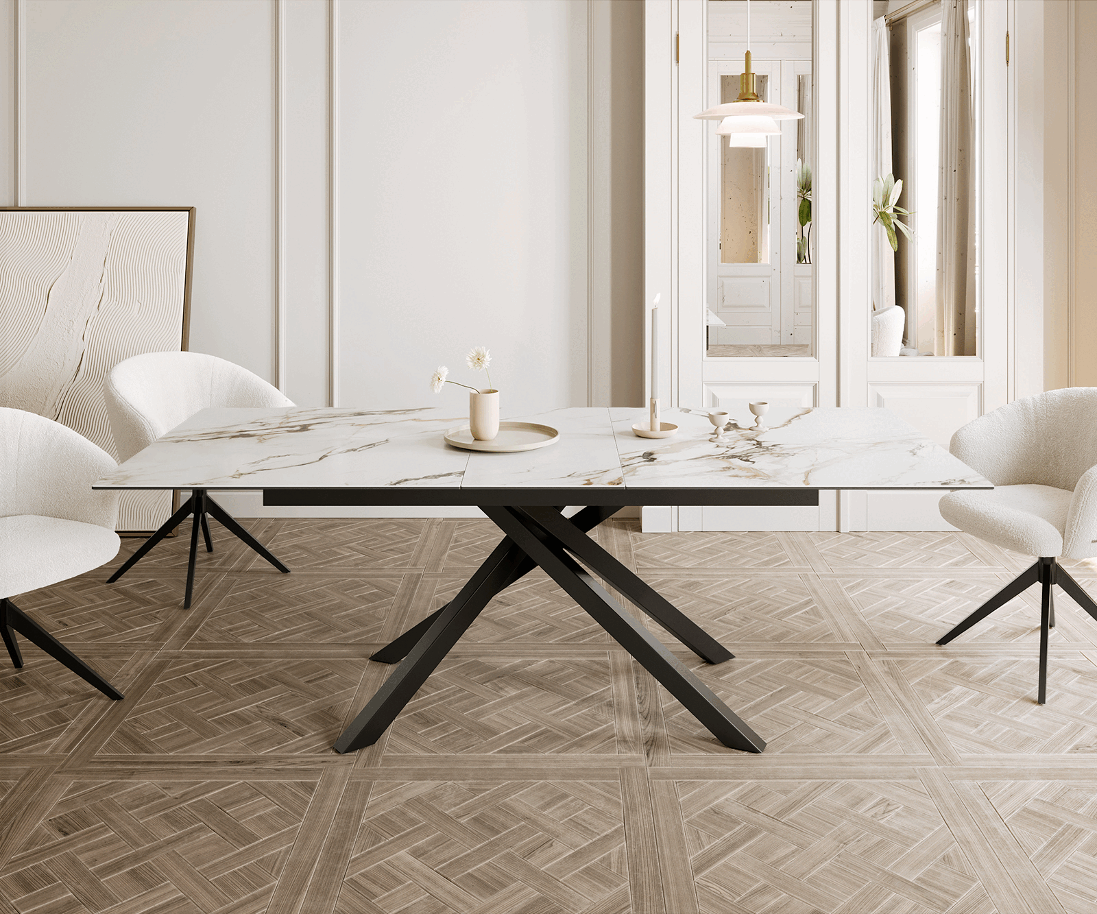 Stół do jadalni Edge 180-220x100 cm ceramika Calacatta Luxe biało-złoto-szary rama Cross czarna rozkładany 1