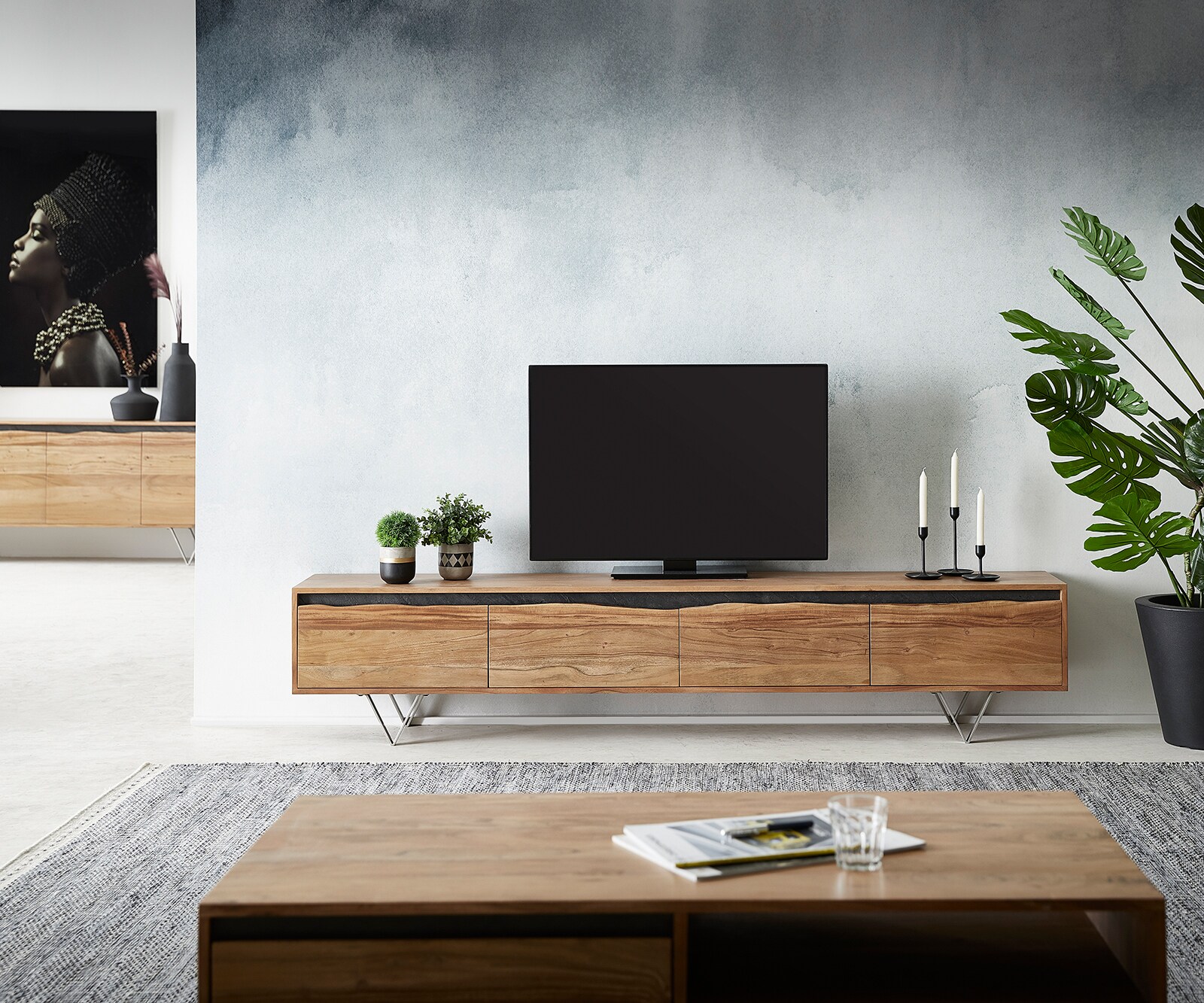 Szafka RTV Stonegrace 220x35 cm akacja naturalna 4 drzwi live-edge 1