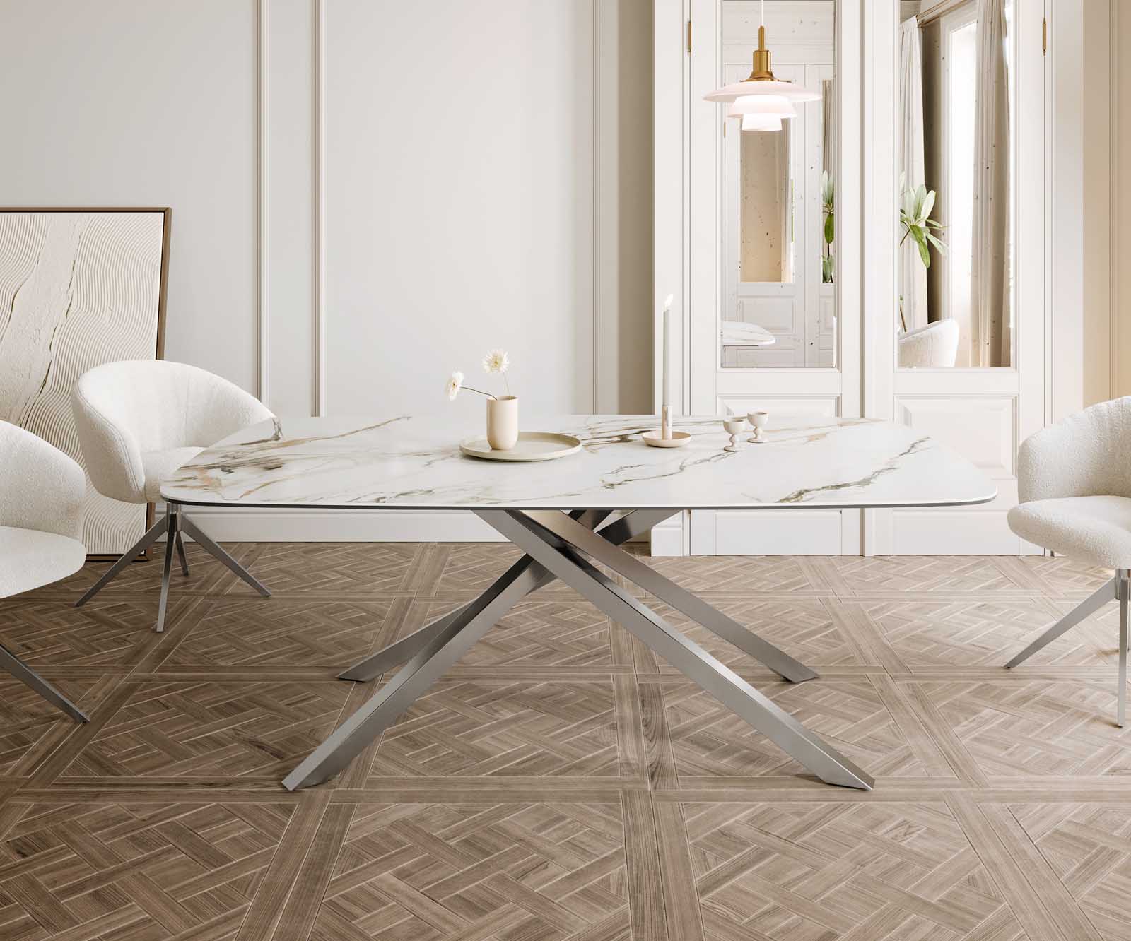 Stół do jadalni Edge kształt beczki 200x100cm ceramika Calacatta Luxe biało-złoto-szary rama Cross stal nierdzewna 1