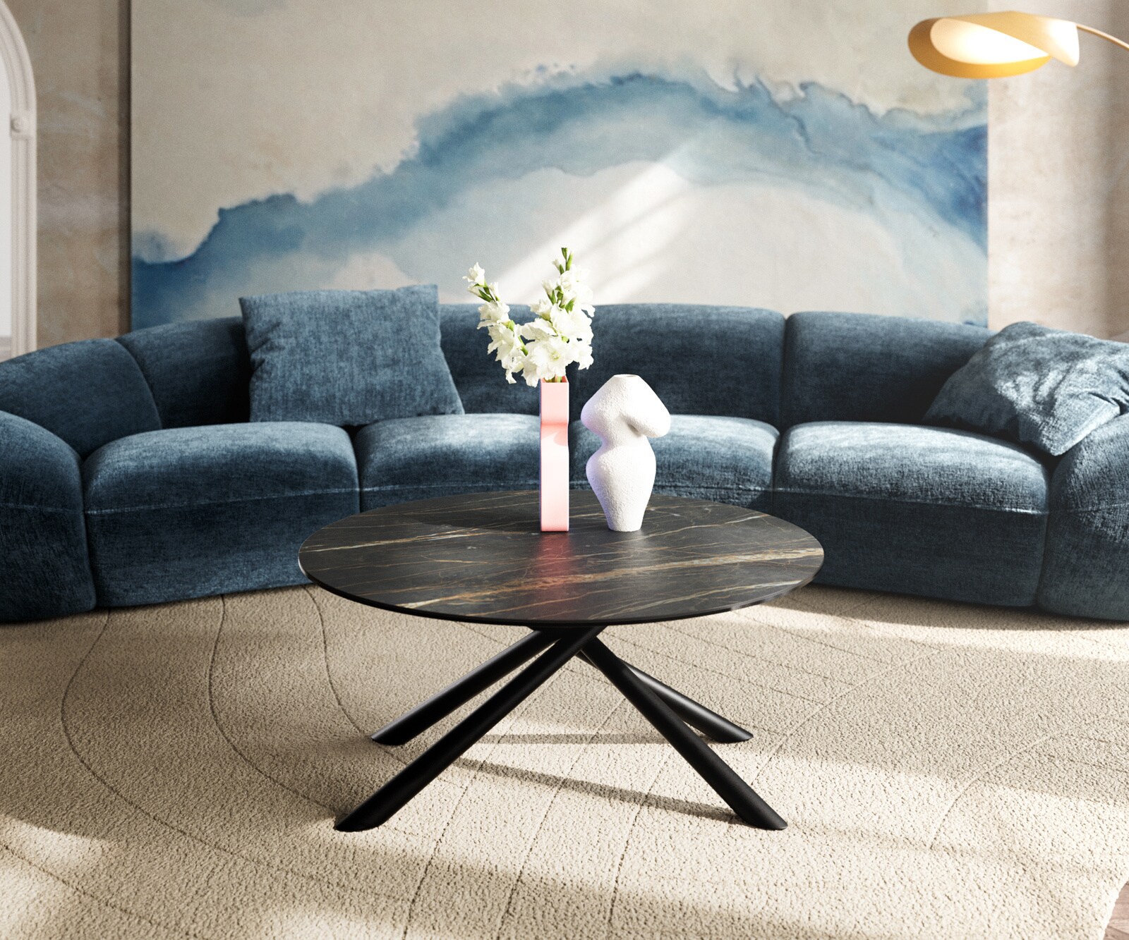 Stolik kawowy Edge okrągły 90x90 cm ceramika Laminam® Noir Desir brązowa podstawa Sarity metal czarny 2
