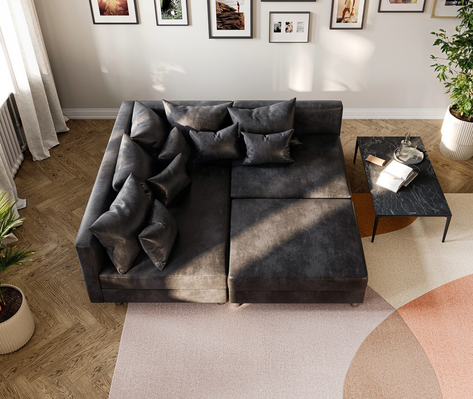 Sofa narożna Clovis antracyt antyczny z pufem szezlong lewy sofa modułowa 4