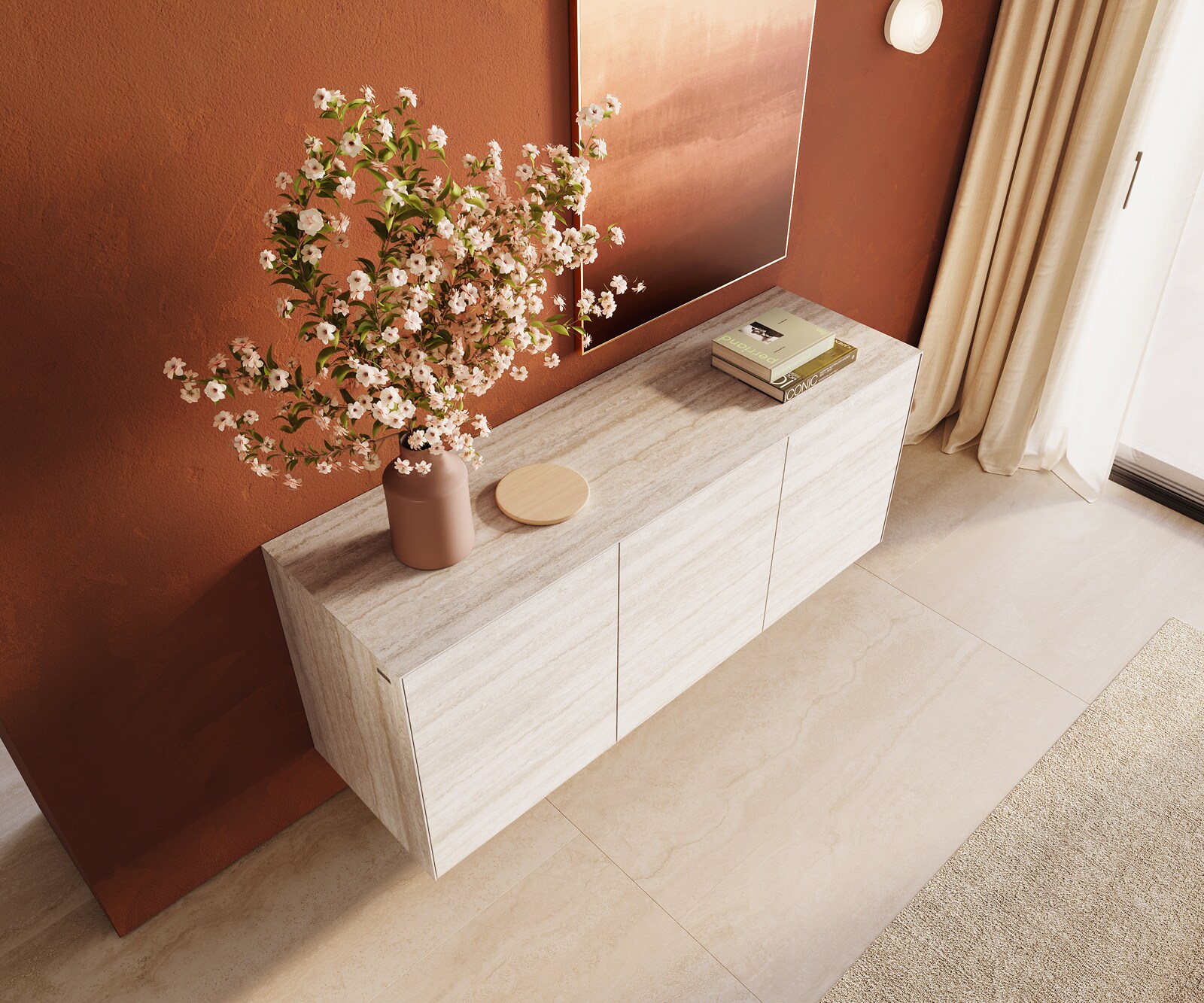 Komoda Cuor 150 cm ceramika Laminam® Travertino Bianco kremowo-biała 3 drzwi podwieszana 4
