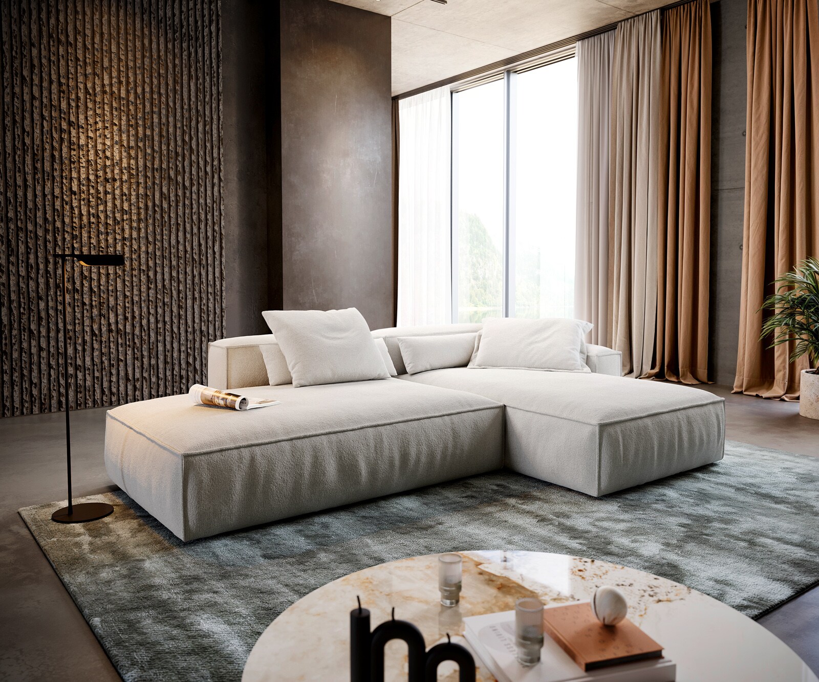 Sofa narożna Freestyle 310x200 cm miękka tkanina bouclé beżowa z lamówką 1