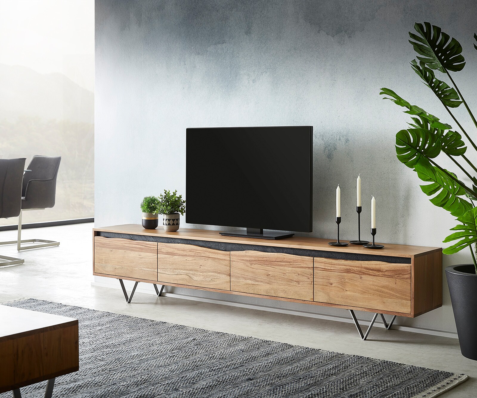 Szafka RTV Stonegrace 220x35 cm akacja naturalna 4 drzwi live-edge