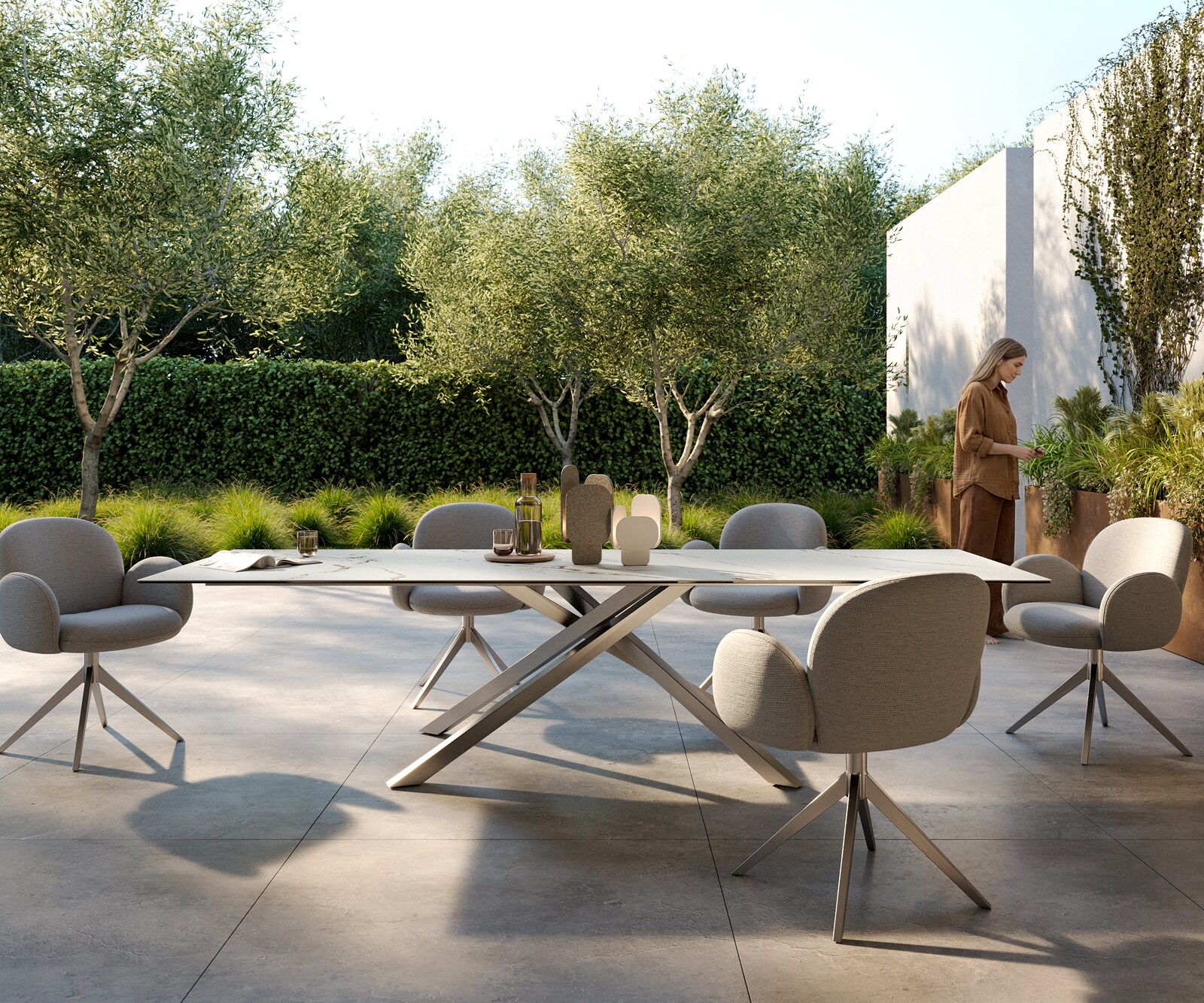 Stół ogrodowy Edge 300x100 cm ceramika Calacatta Luxe biało-złoto-szary rama Cross stal nierdzewna 1