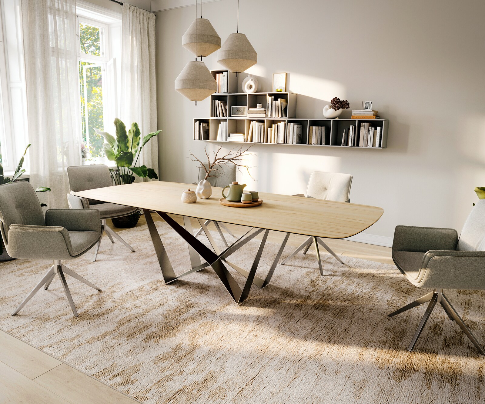 Stół do jadalni Edge w kształcie beczki 260x120 cm ceramika Laminam® Sabbia w kolorze dębu rama Spider stal nierdzewna 6