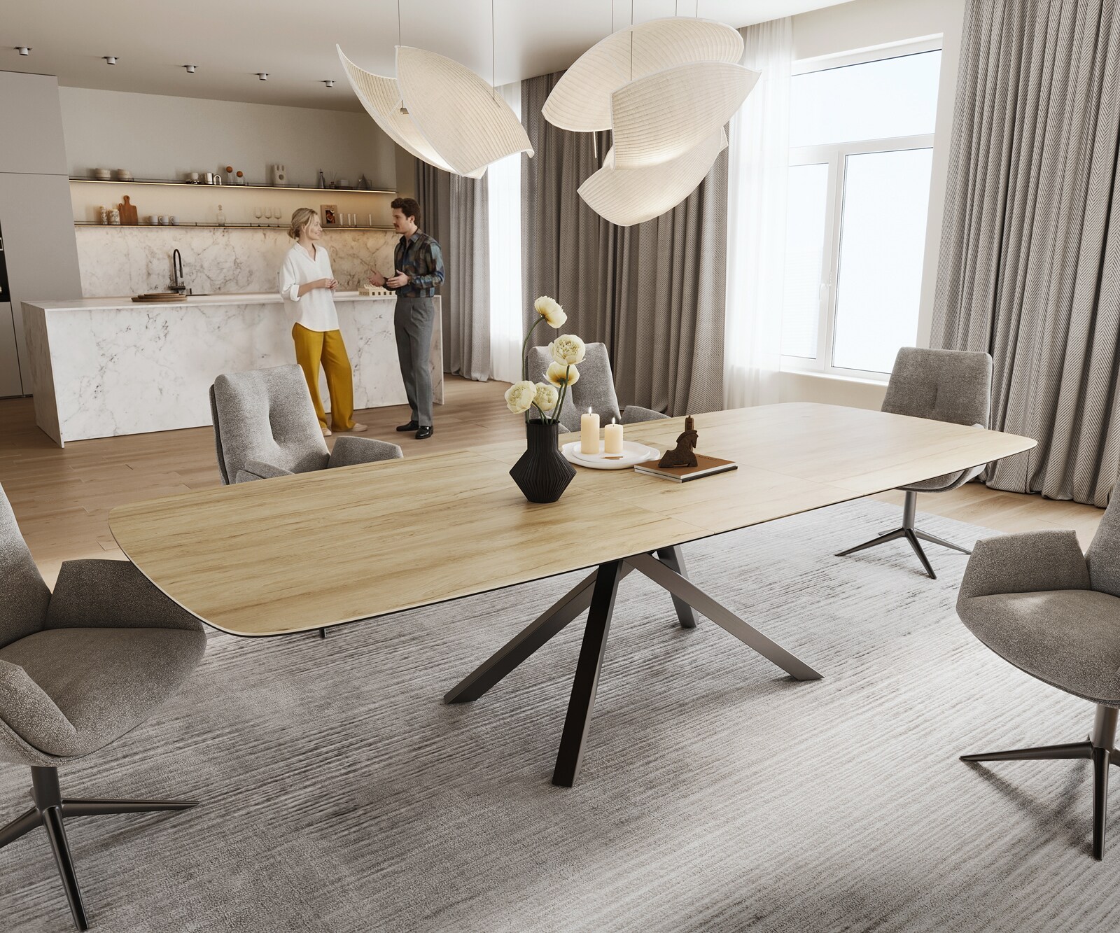 Stół do jadalni Edge w kształcie beczki 240-300x120 cm ceramika Laminam® Sabbia w kolorze dębu rama Cross stal nierdzewna kolor grafitowy rozkładany