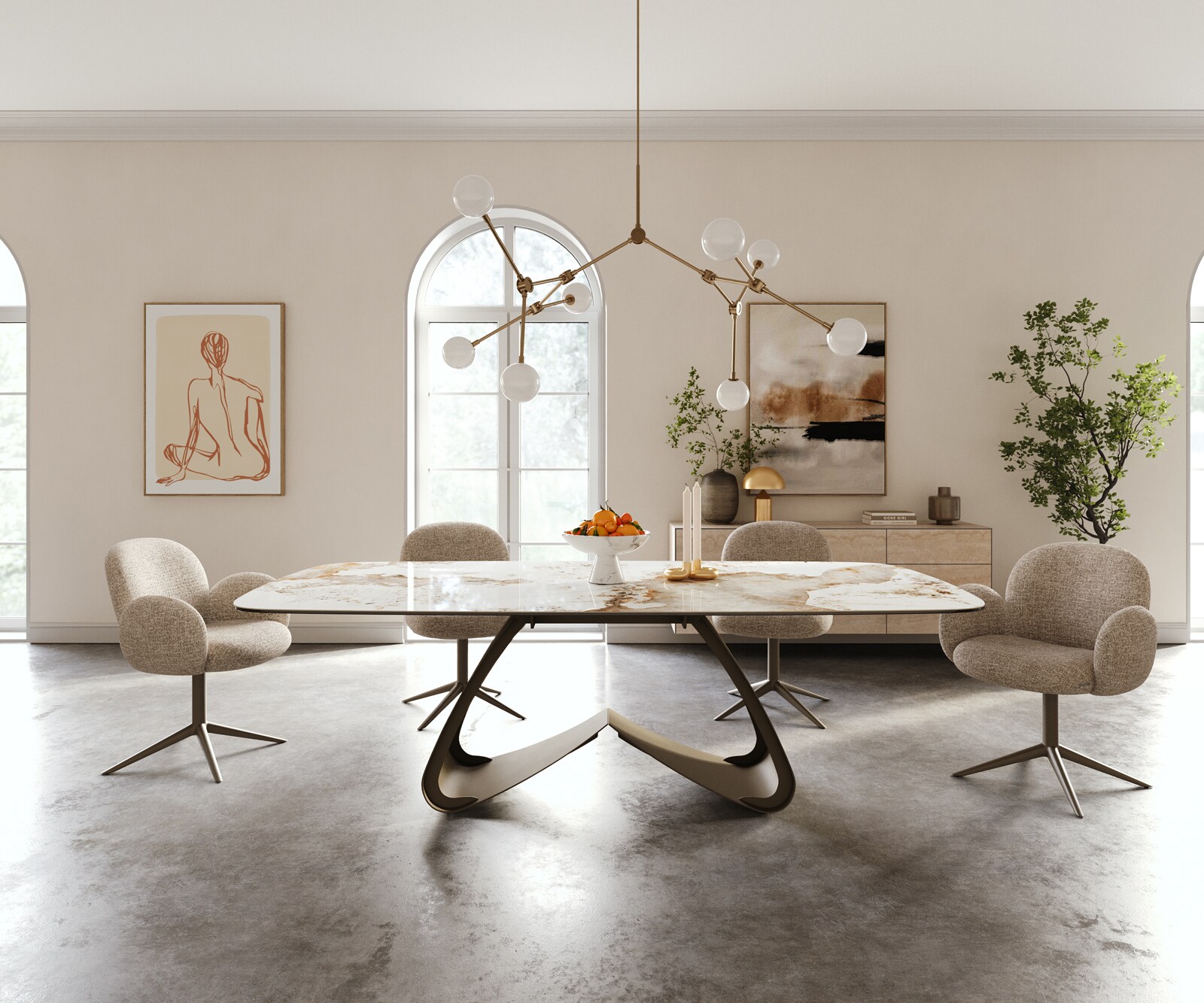 Stół do jadalni Edge w kształcie beczki 240x120 cm ceramika Minas Melange biało-beżowa rama typu W metal w kolorze tytanu 2