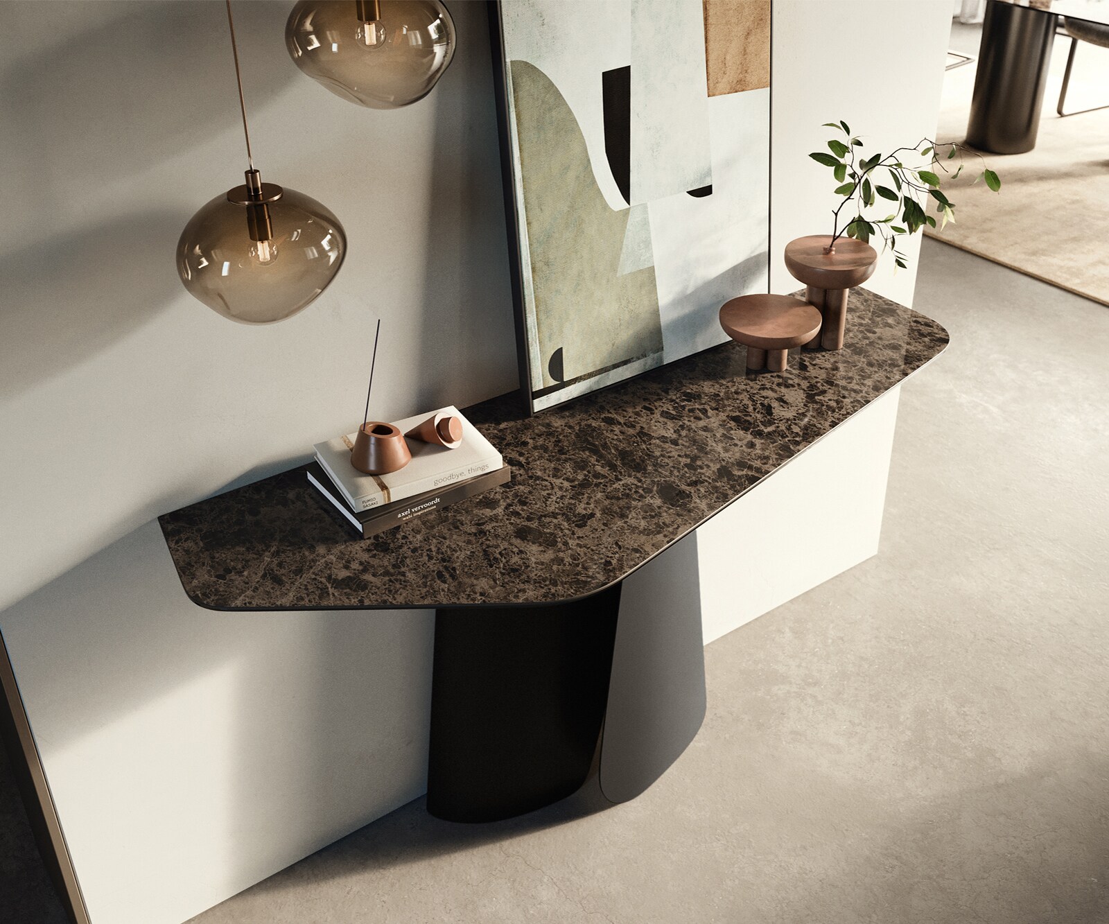 Konsola Edge wielokątna 140x50 cm ceramika Emperador Extra Lucidato ciemnobrązowa podstawa Livos metal czarny 2