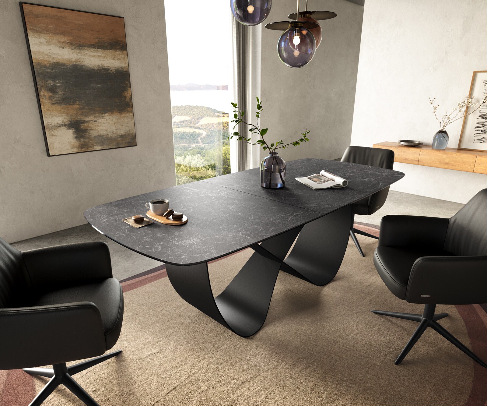 Stół do jadalni Edge w kształcie beczki 180-220x100 cm ceramika Laminam® Nero Greco Anthrazit rama Infinity metal czarny rozkładany 1