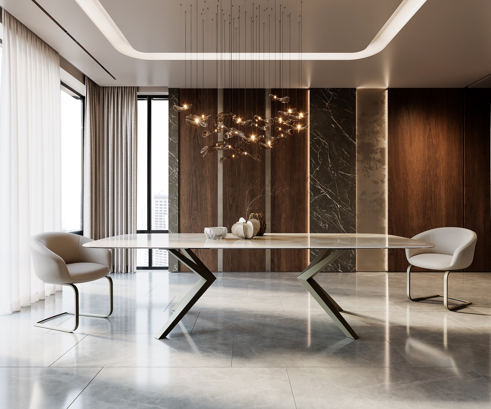 Stół do jadalni Edge kształt beczki 270x120cm ceramika Iris FMG Onice Grigio rama Zenthara metal kolor tytanowy 4