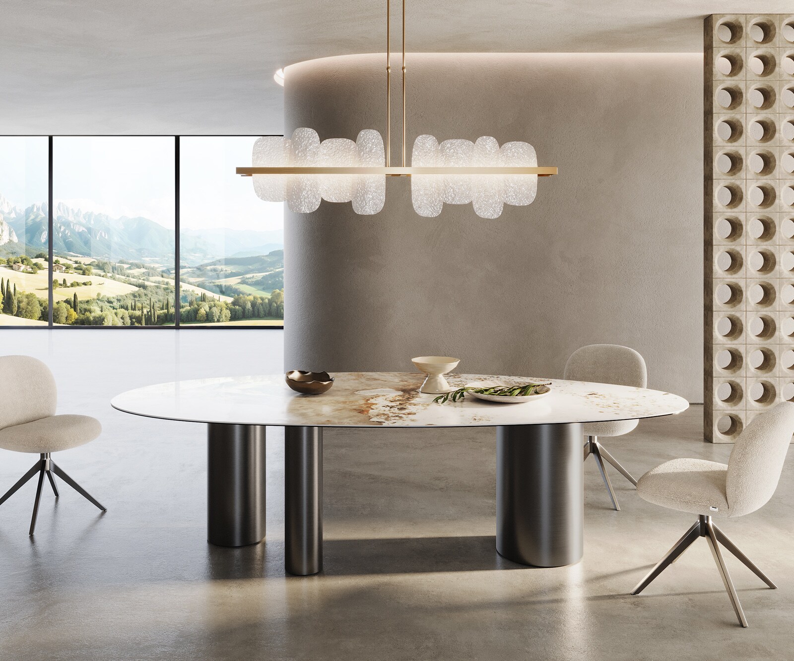 Stół do jadalni Edge owalny 280x130cm ceramika Minas Melange biało-beżowy rama Troa stal nierdzewna kolor grafitowy 1