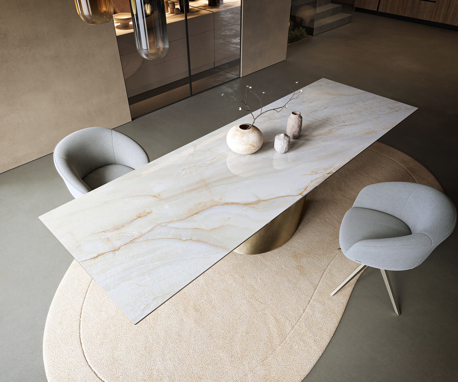 Stół do jadalni Edge 300x100cm ceramika Onyx Pearl rama Cono metaliczny złoty 3