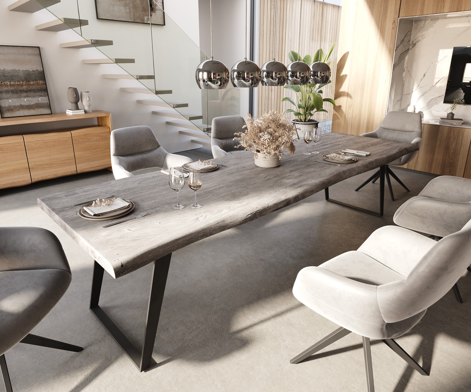 Stół do jadalni Edge 300x100 XL akacja platynowa rama pochylona metal live-edge