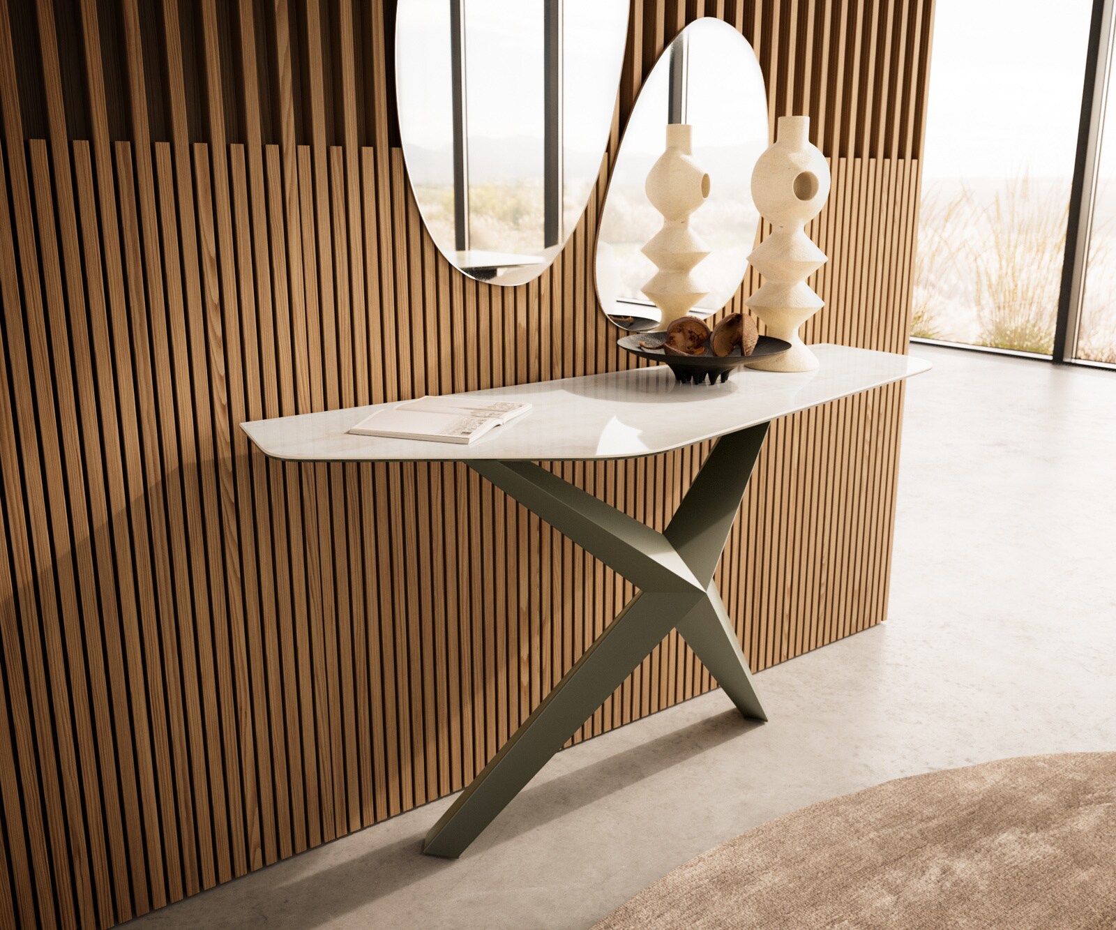 Konsola Edge wielokątna 140x50 cm ceramika Onyx Champagne podstawa Zentharo metal w kolorze tytanu 4