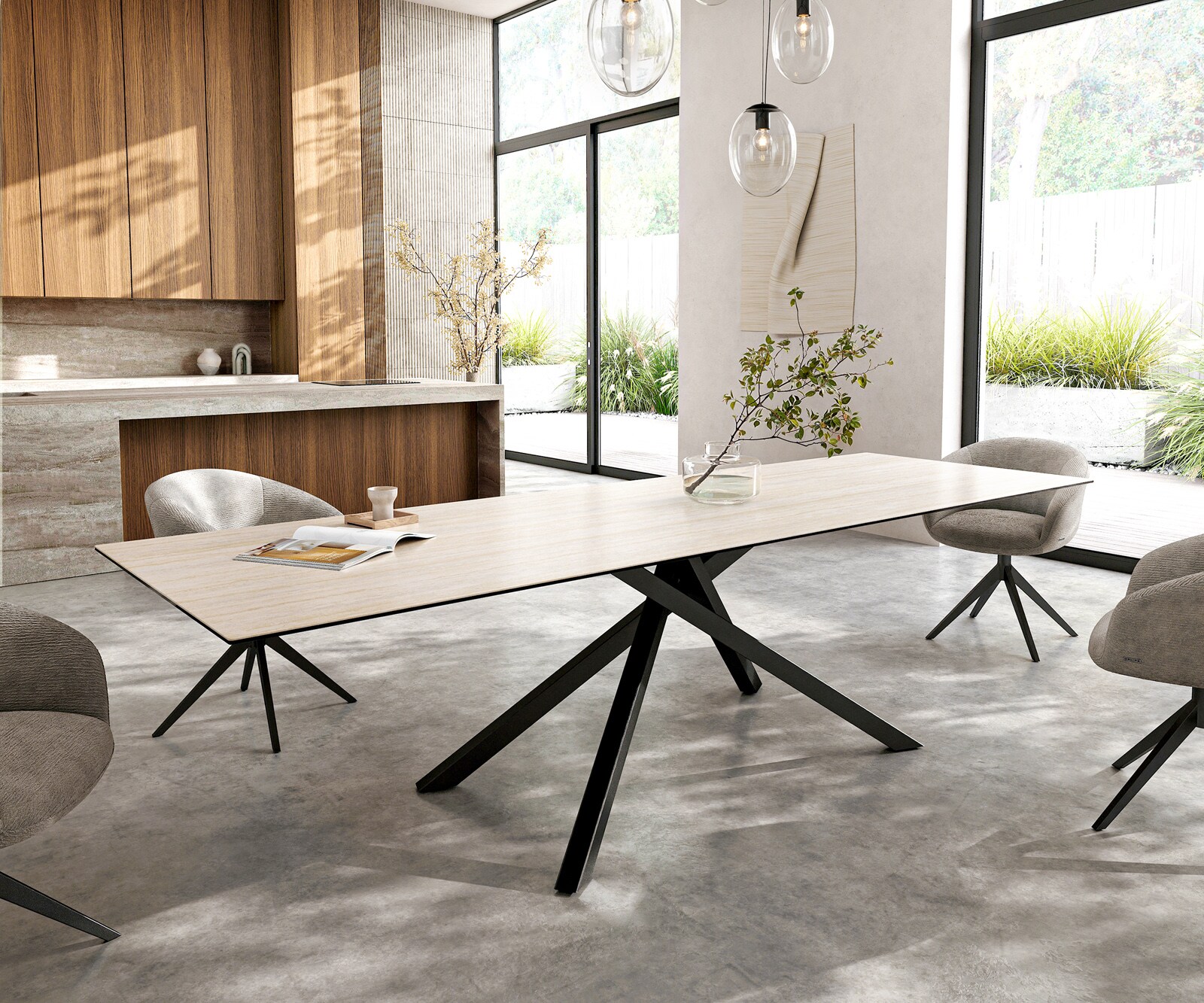 Stół do jadalni Edge 300x100cm ceramika Laminam® Travertino Bianco kremowo-biały rama Cross czarny