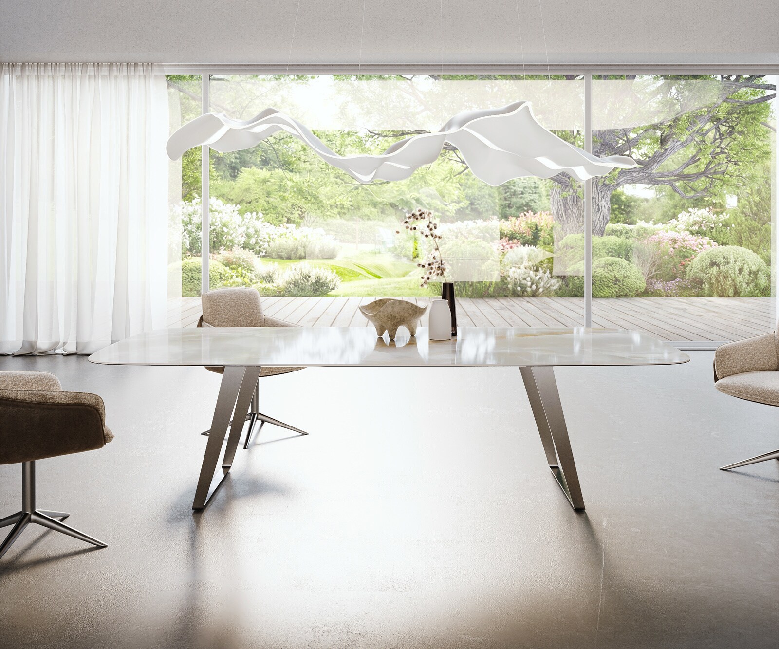 Stół do jadalni Edge w kształcie beczki 270x120 cm ceramika Iris FMG Onice Grigio rama pochylona stal nierdzewna 2
