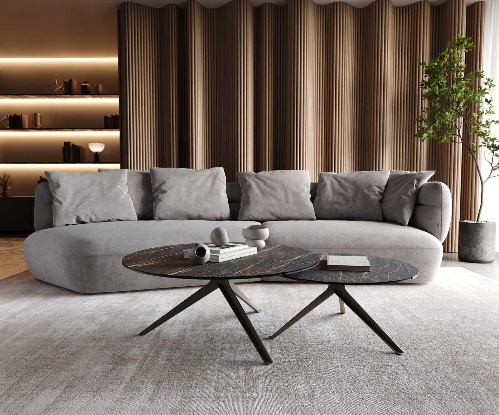 Stolik kawowy Delron 70x70cm ceramika Laminam® Noir Desir brązowy podstawa krzyżowa płaska metal kolor tytanowy 7