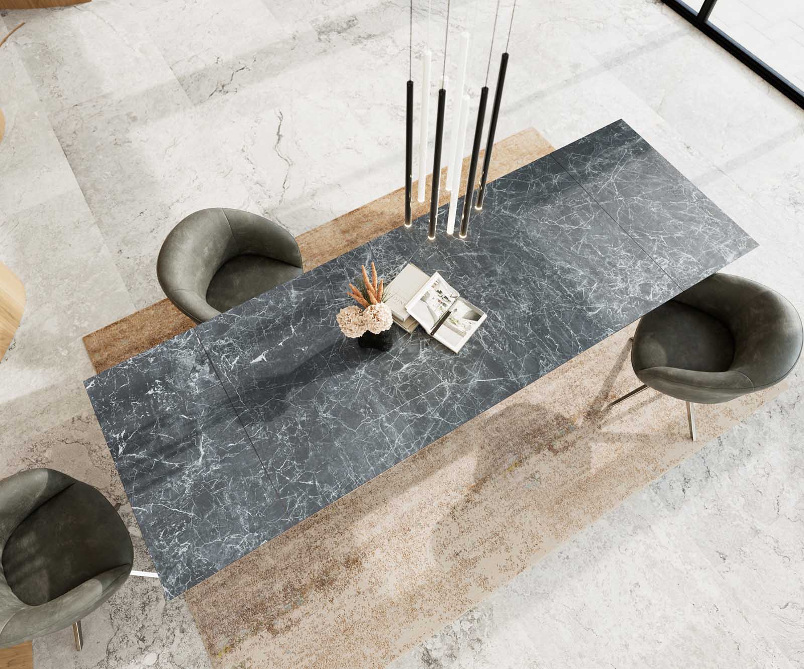 Stół do jadalni Edge 200-300x100 cm ceramika Laminam® Nero Greco antracyt rama Cross stal nierdzewna rozkładany 3