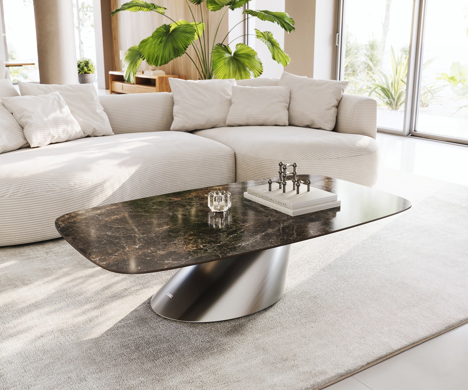 Stolik kawowy Edge w kształcie beczki 140x80 cm ceramika Laminam® Emperador Extra Lucidato ciemnobrązowy Conis stal nierdzewna szczotkowana 1