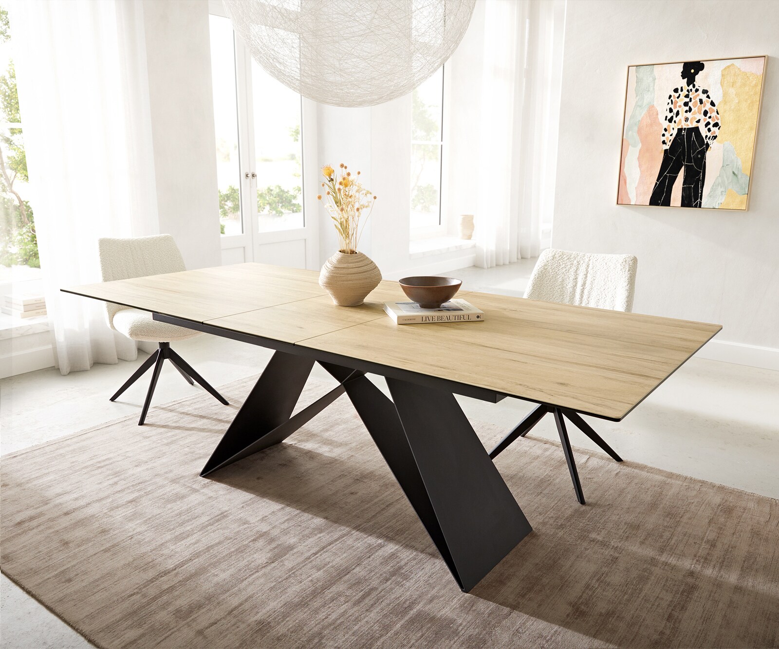Stół do jadalni Edge 180-220x100 cm ceramika Laminam® Sabbia kolor dębu rama V metal czarna rozkładany 1