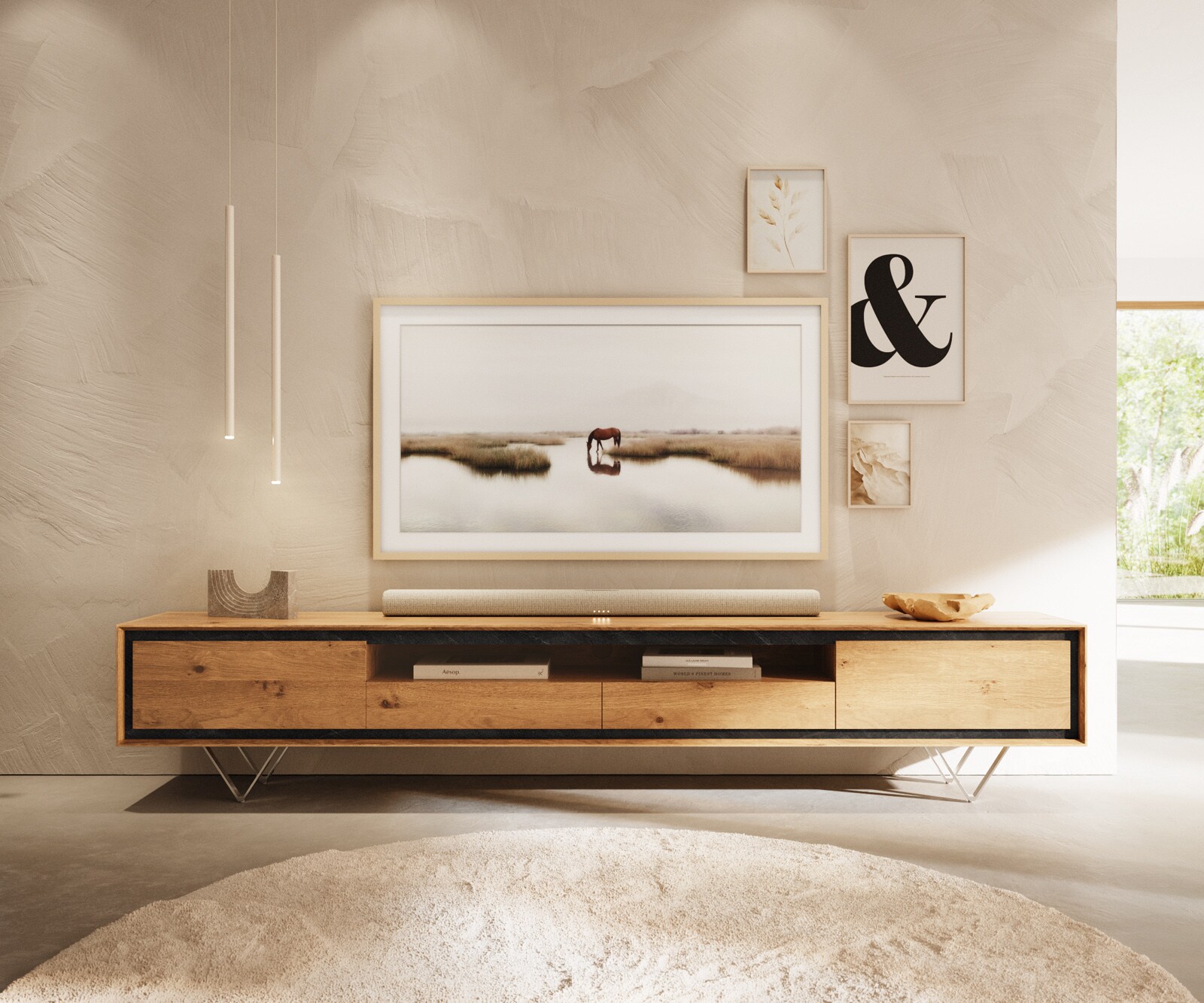 Szafka RTV Stonegrace 240 cm dąb naturalny 2 drzwi 1 przegroda 2 szuflady fornir kamienny nóżki V stal nierdzewna 2