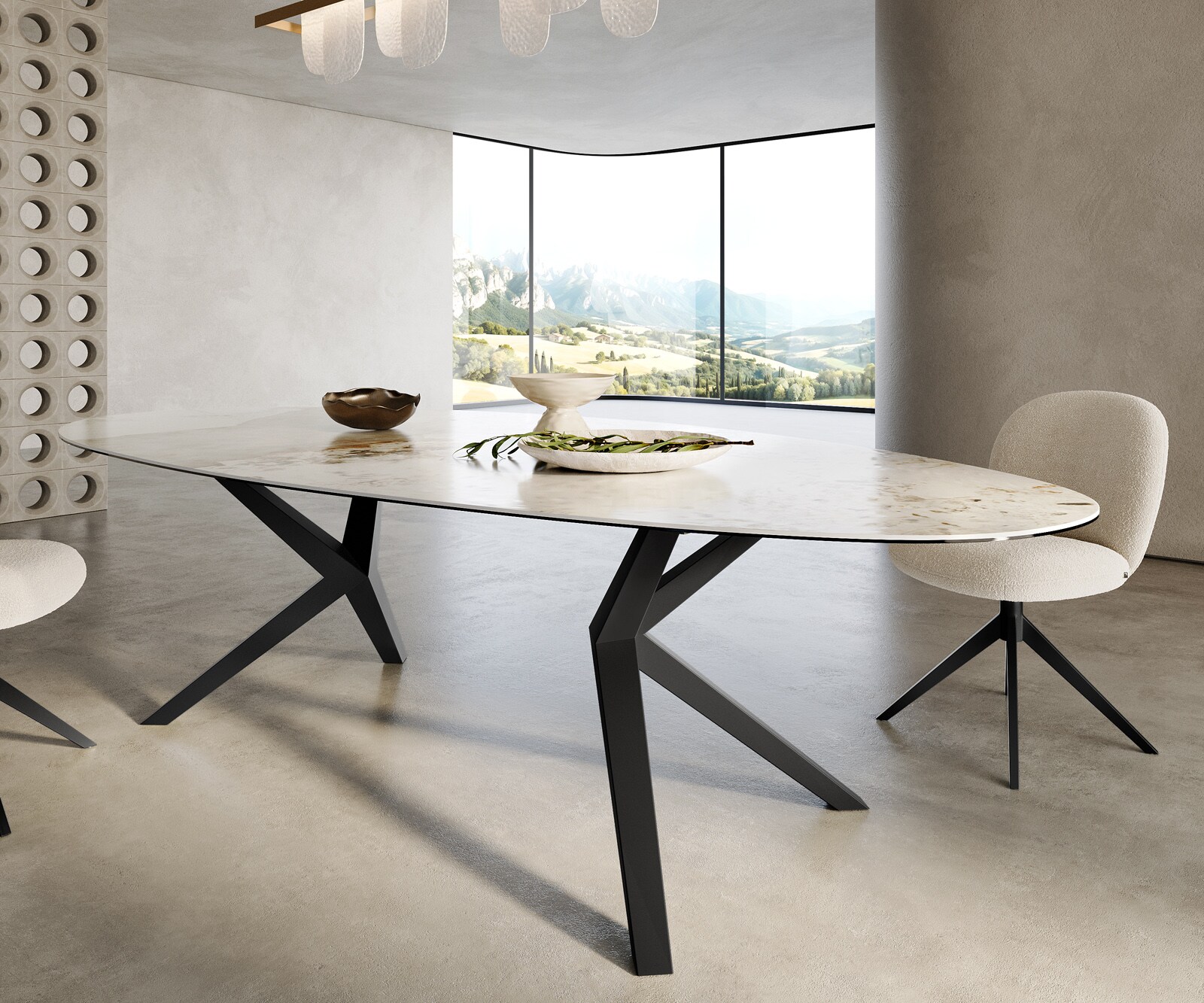 Stół do jadalni Edge owalny 280x130cm ceramika Minas Melange biało-beżowa rama Zenthara metal czarny 6