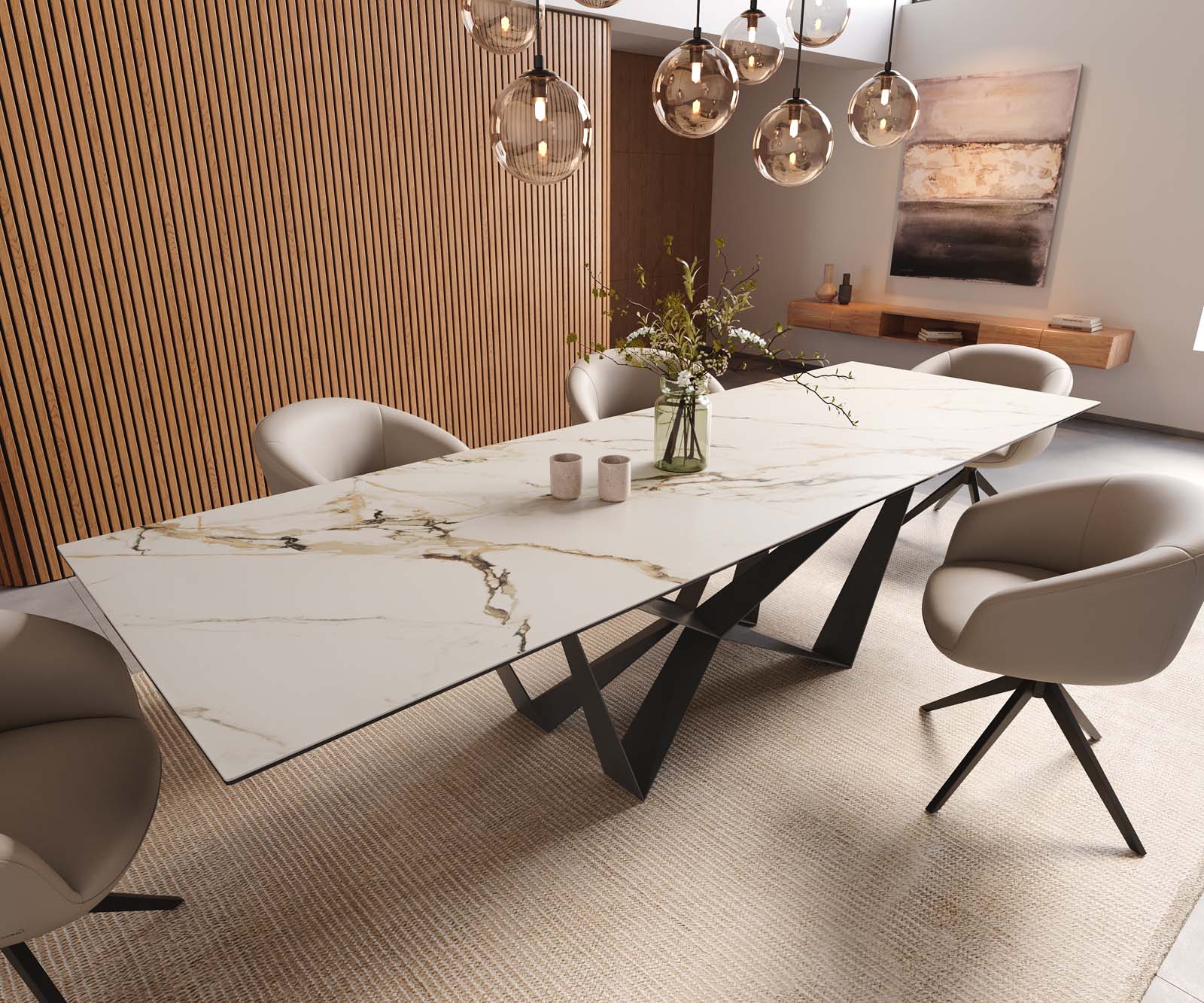 Stół do jadalni Edge 300x100cm ceramika Calacatta Luxe biało-złoto-szary rama Spider metal czarna 1